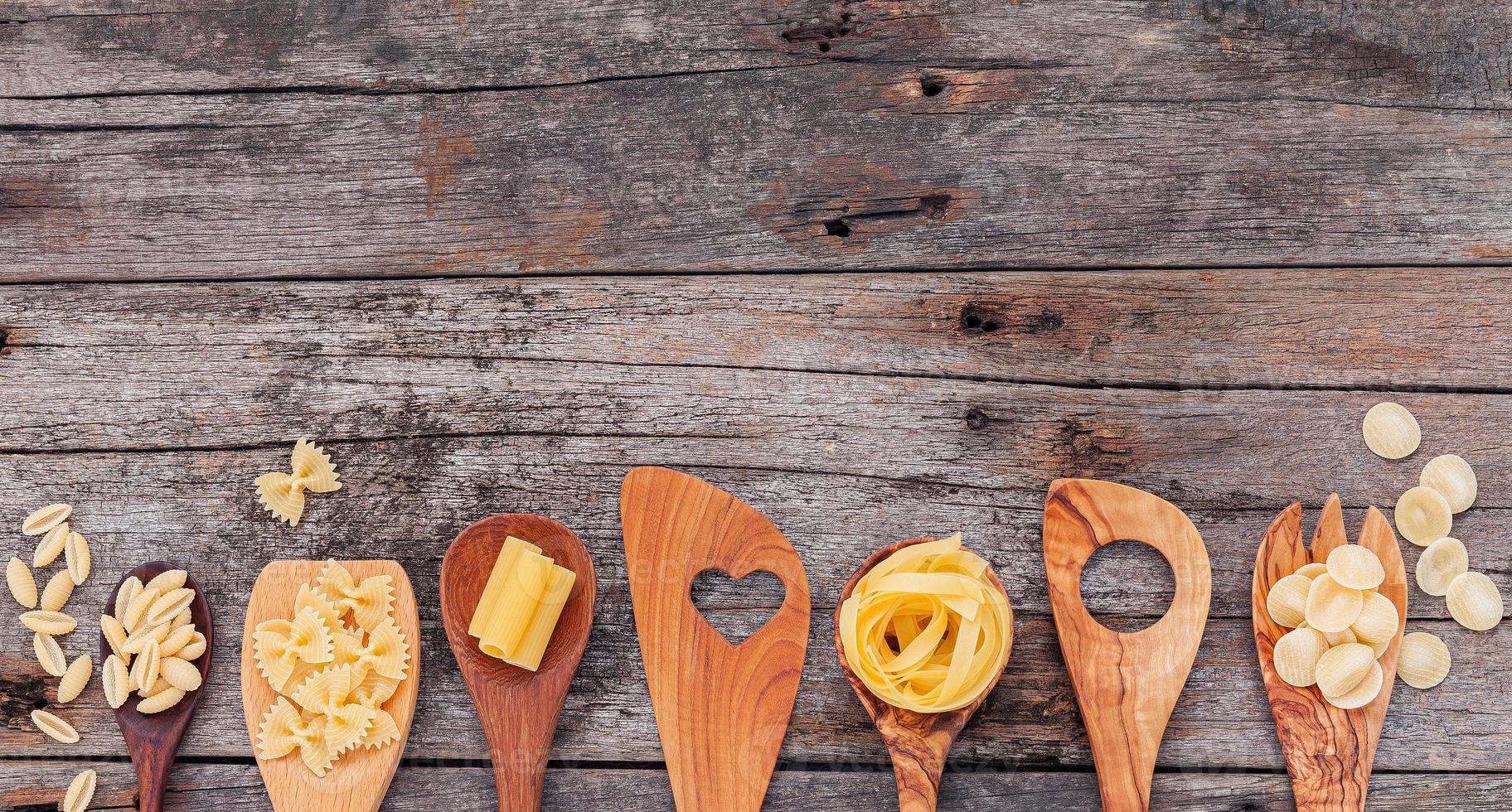 concept de cuisine italienne et conception de menus. divers types de pâtes coude macaroni, farfalle, rigatoni, gnocco sardo dans des cuillères en bois sur fond de bois photo