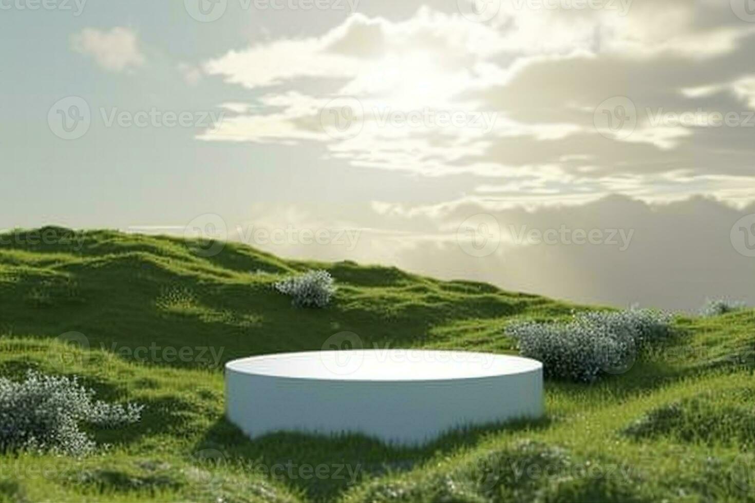 ai généré abstrait 3d rendre Plate-forme Naturel arrière-plan, blanc podium sur le herbe champ toile de fond nuage et ciel pour produit supporter afficher publicité, cosmétique ou etc. génératif ai. photo