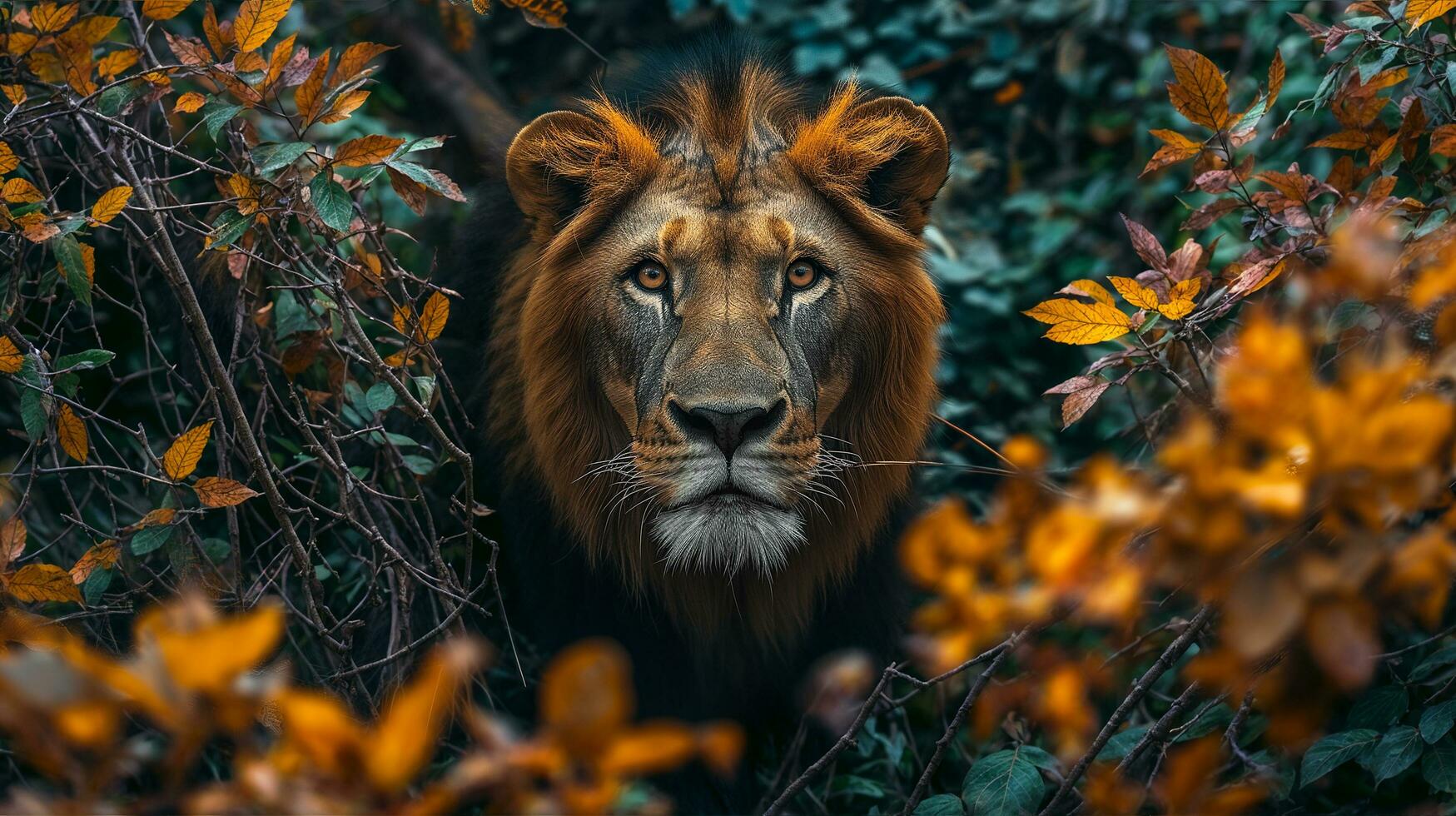 ai généré gratuit photo de une Lion dans une jungle pendant l'automne