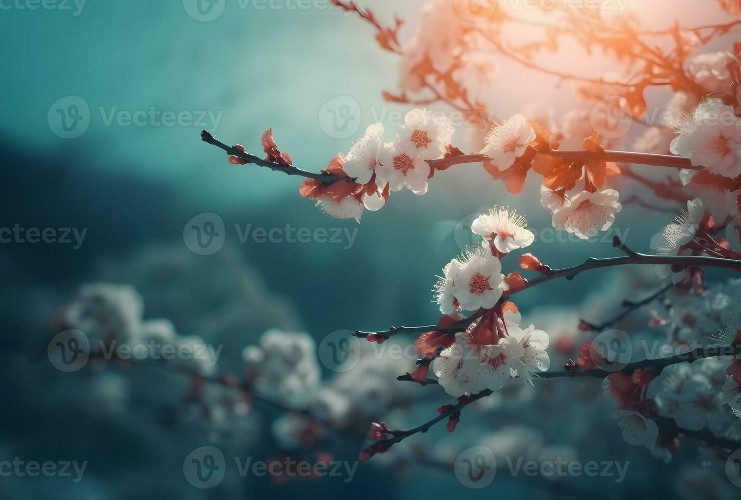 ai généré épanouissement Cerise et prune à le coucher du soleil dans le Alpes sont très belle. pur la nature fait plaisir une la personne avec écologique beauté et une symbole de printemps. photo