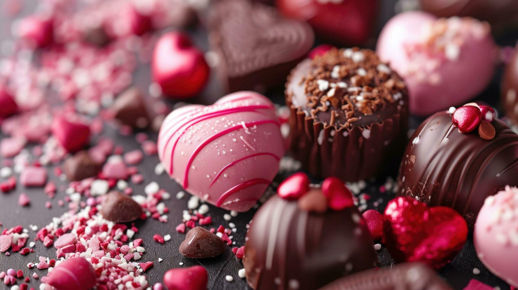 ai généré bonbons cœurs, des chocolats, et délicieux traite ensemble contre une rempli d'amour Contexte photo
