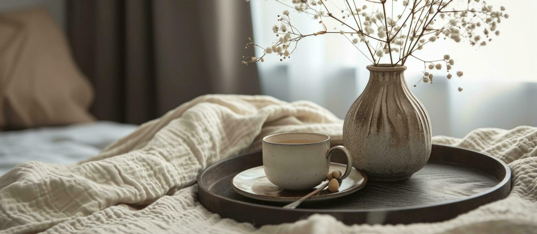 ai généré une plateau contenant café et une fleur arrangement sur Haut de une lit photo