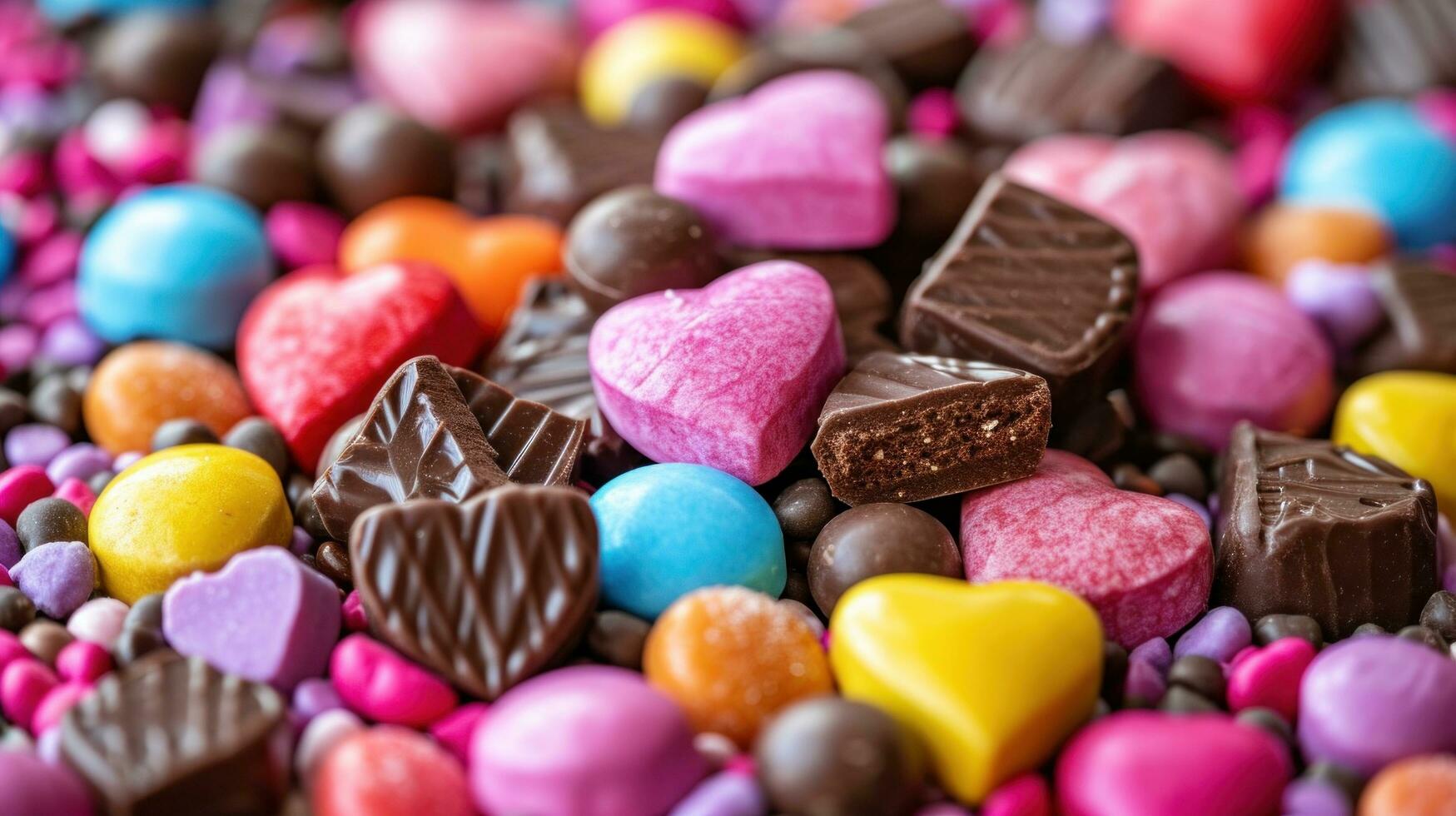 ai généré bonbons cœurs, des chocolats, et délicieux traite ensemble contre une rempli d'amour Contexte photo