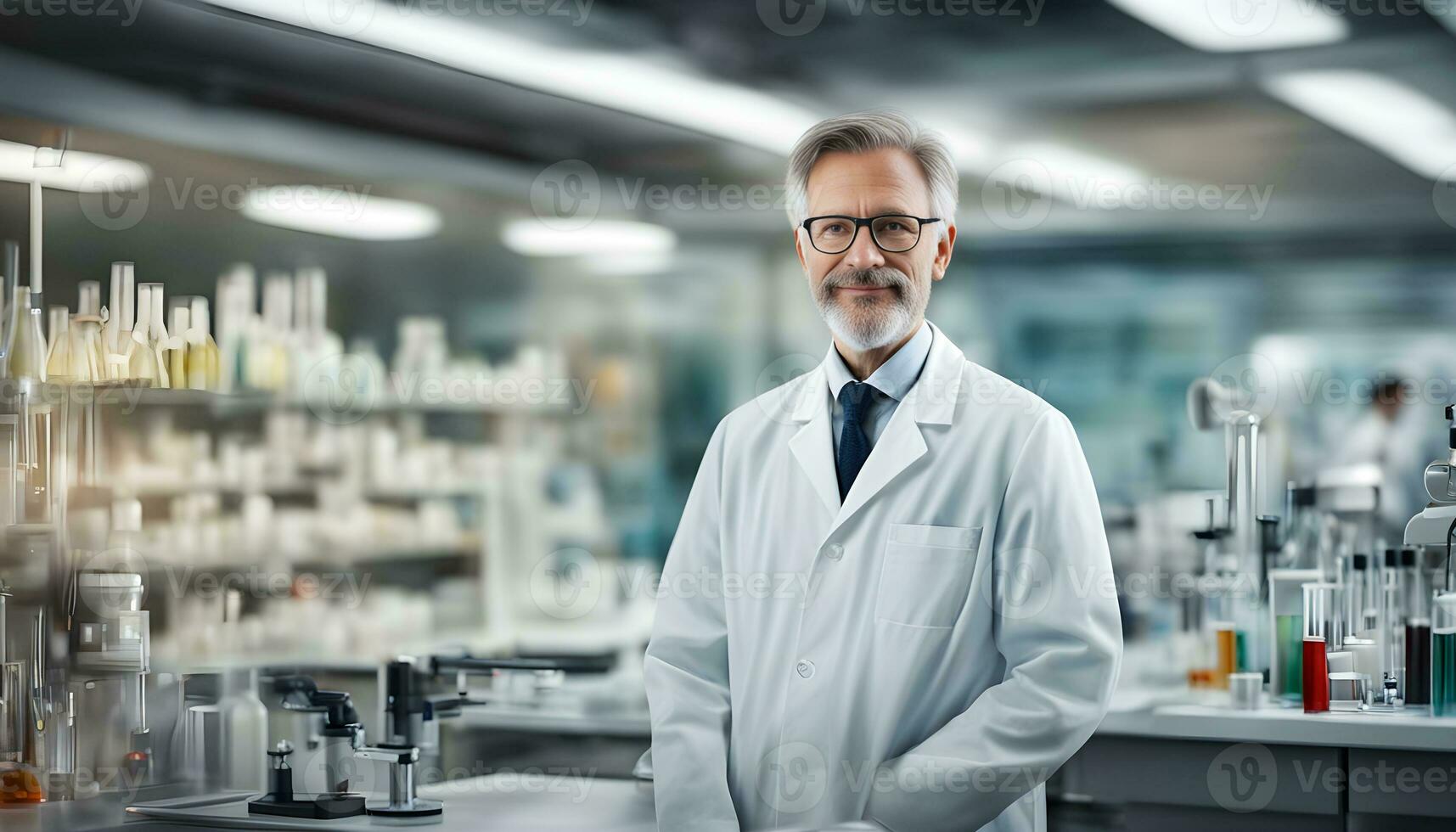 ai généré une homme dans une laboratoire manteau permanent dans de face de une laboratoire table photo