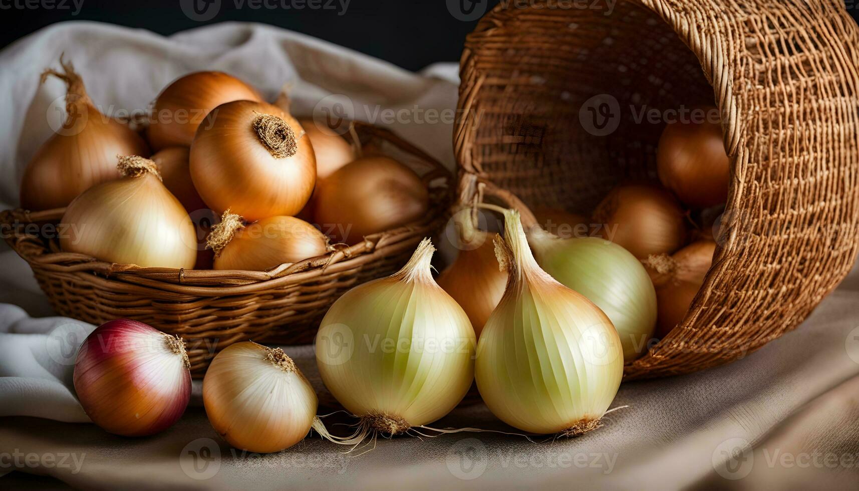 ai généré une panier plein de oignons et autre des légumes photo