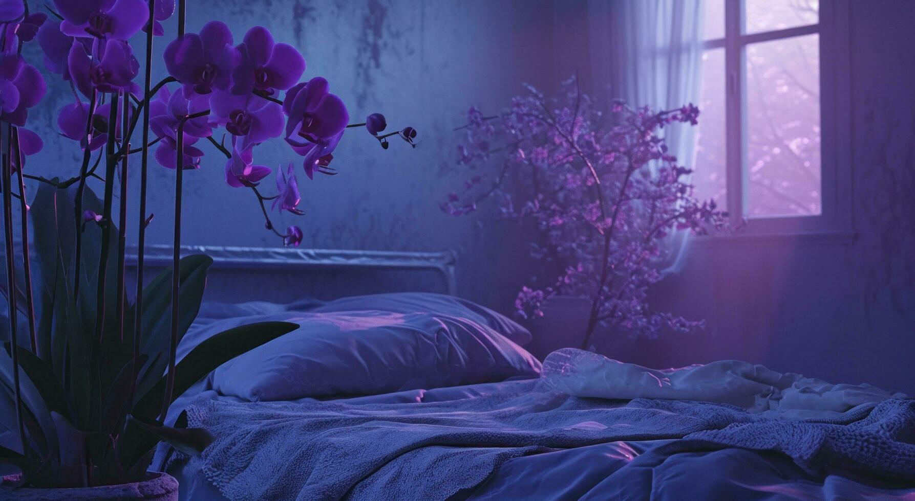 ai généré chambre avec violet orchidées dans l'automne paysage,, rêveur et romantique compositions photo