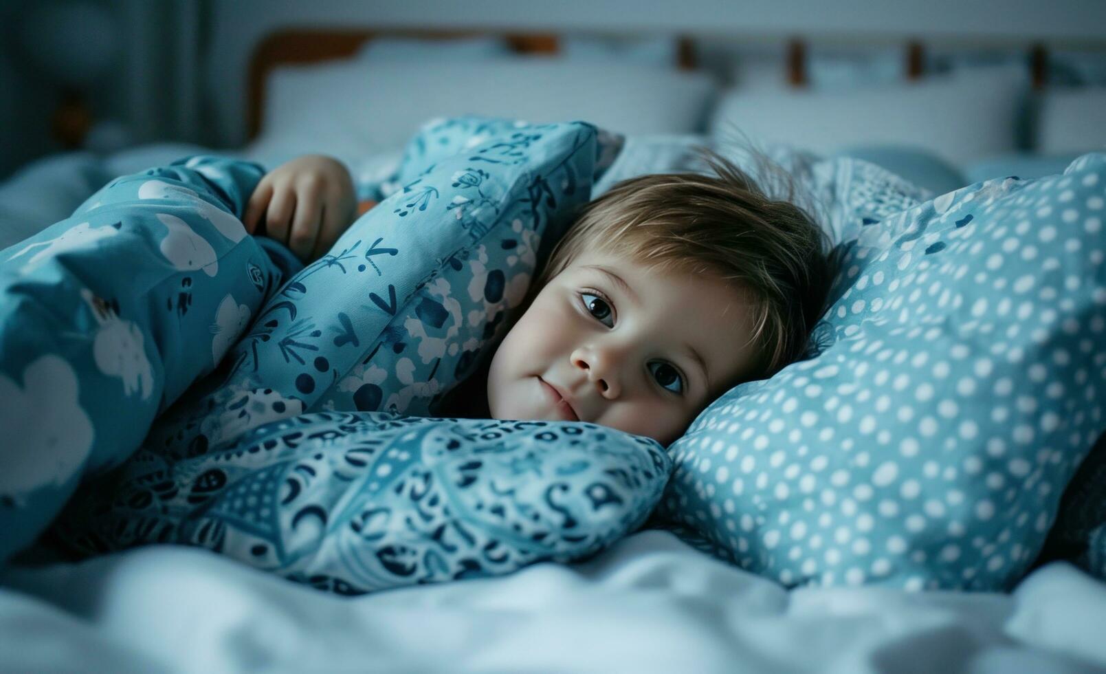 ai généré une peu garçon pose dans lit avec bleu et blanc oreillers autour le sien tête photo