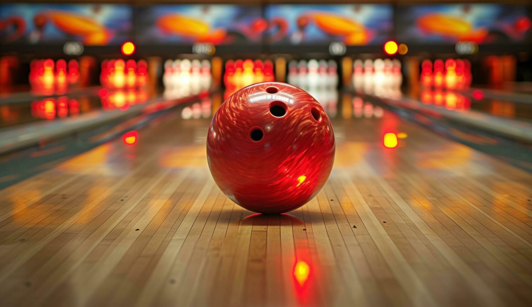 ai généré bowling Balle à le de face de une épingles avec beaucoup autre bowling des balles photo