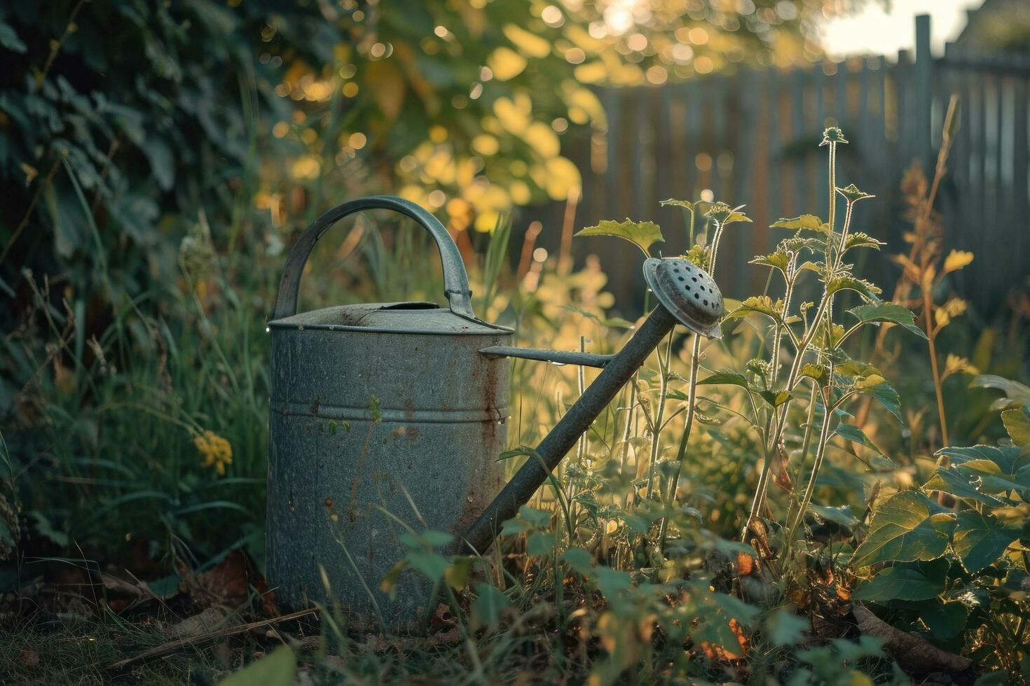 ai généré un vieux arrosage pouvez est assis dans le milieu de une jardin photo