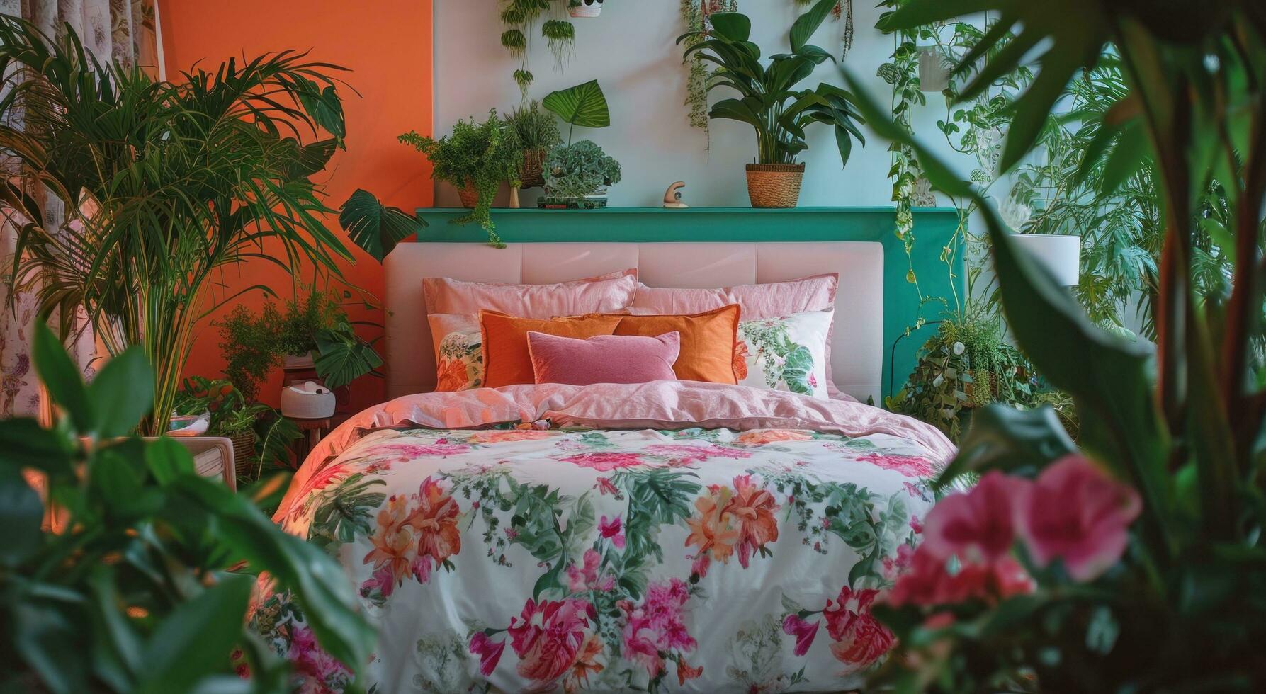 ai généré une rose et floral chambre avec les plantes alentours le lit photo