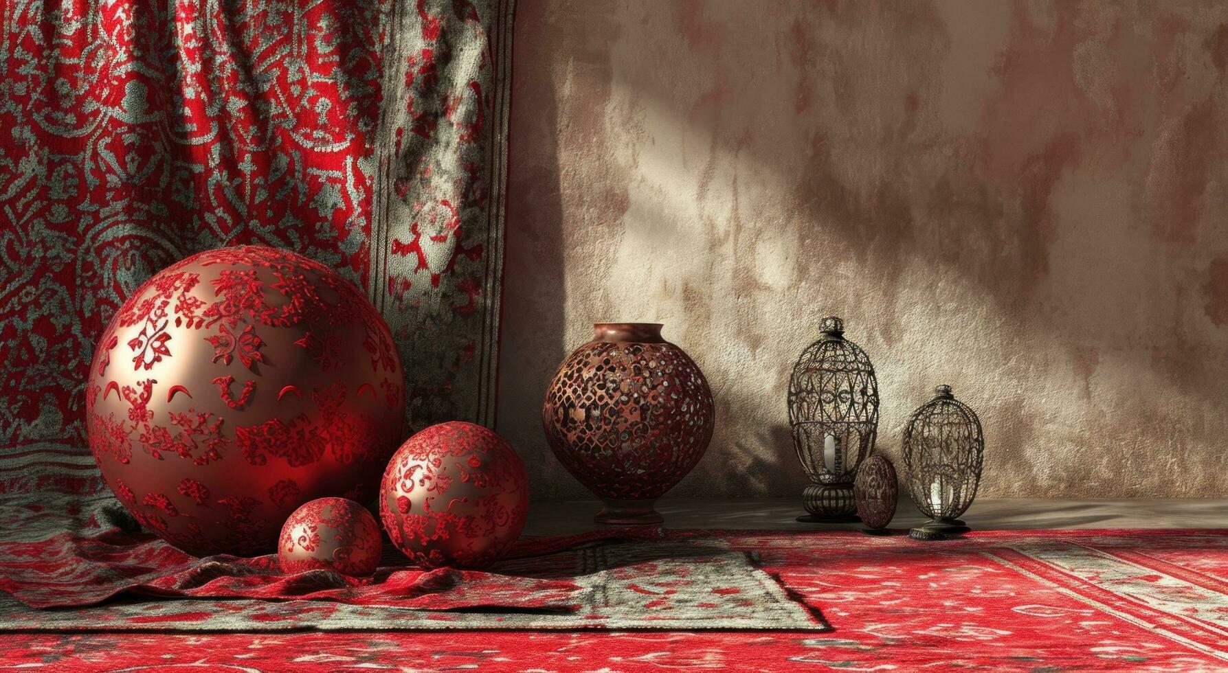 ai généré un image de différent rouge henné décorations est mis sur Haut de une rouge tapis photo