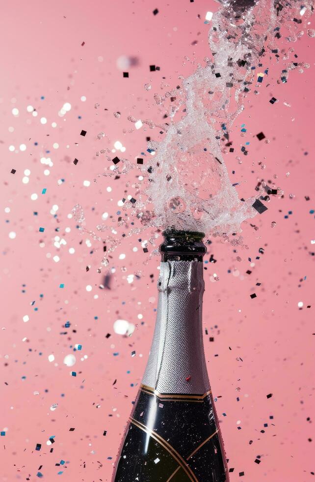 ai généré Champagne bouteille chute sur une rose Contexte photo