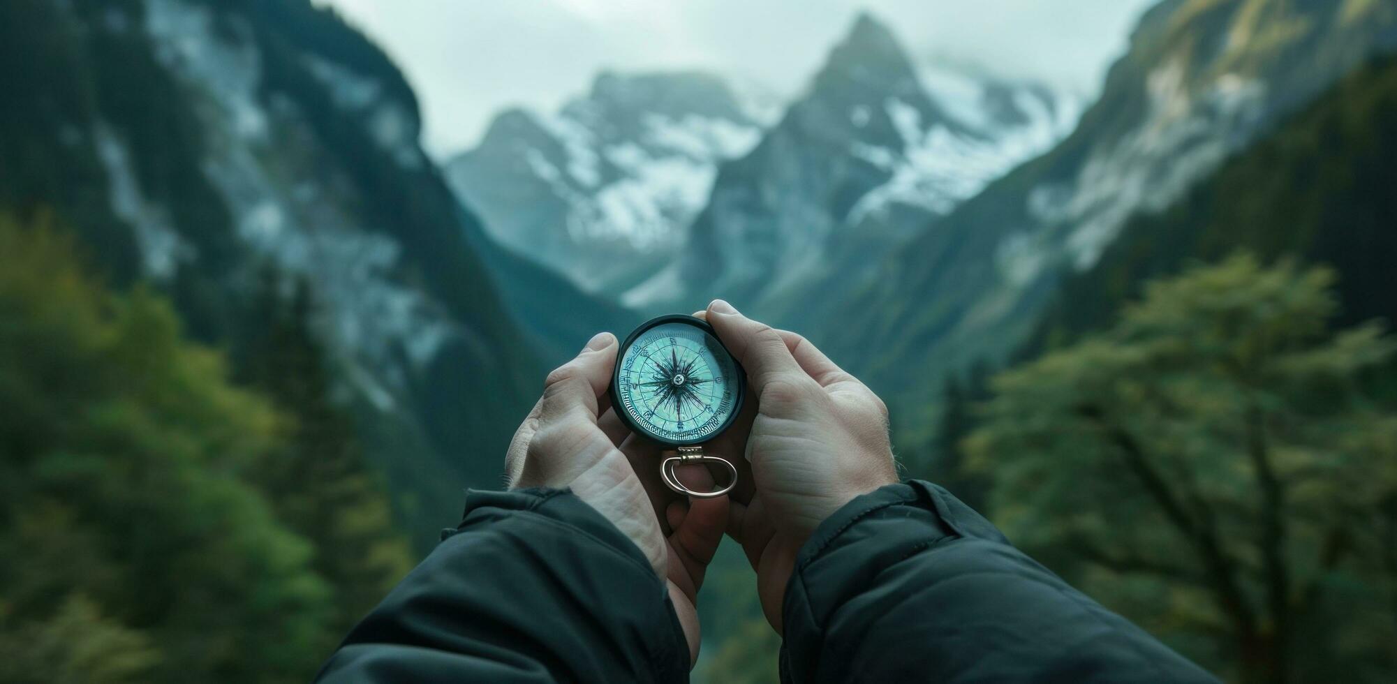 ai généré la personne en portant boussole avec forêt et montagnes dans le Contexte photo