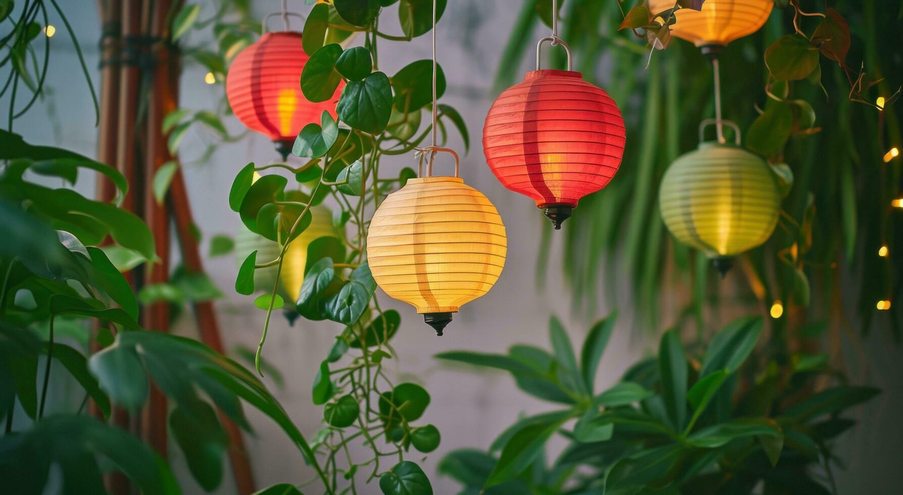 ai généré nombreuses coloré papier lanternes avec les plantes pendaison autour leur photo