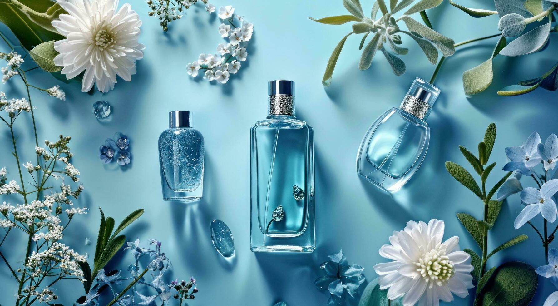 ai généré le parfum bouteilles sont arrangé sur une bleu Contexte photo