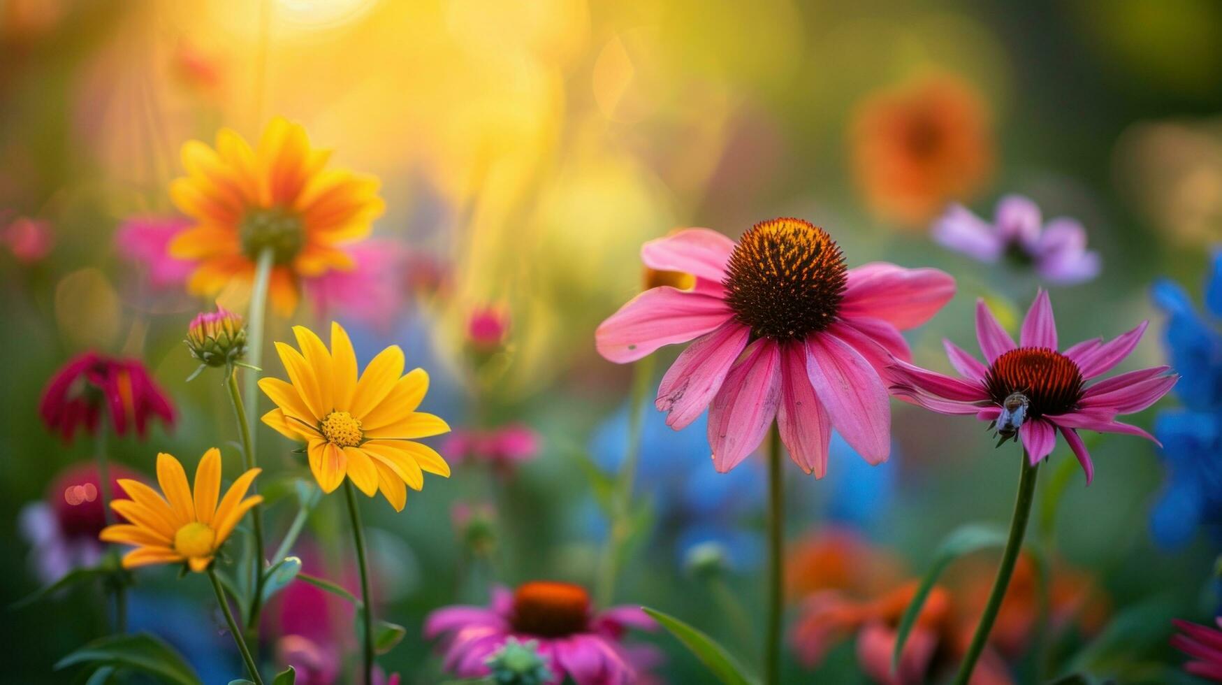 ai généré fleurs sauvages, bourdonnant les abeilles, et une vibrant Soleil apporter du printemps animé esprit photo