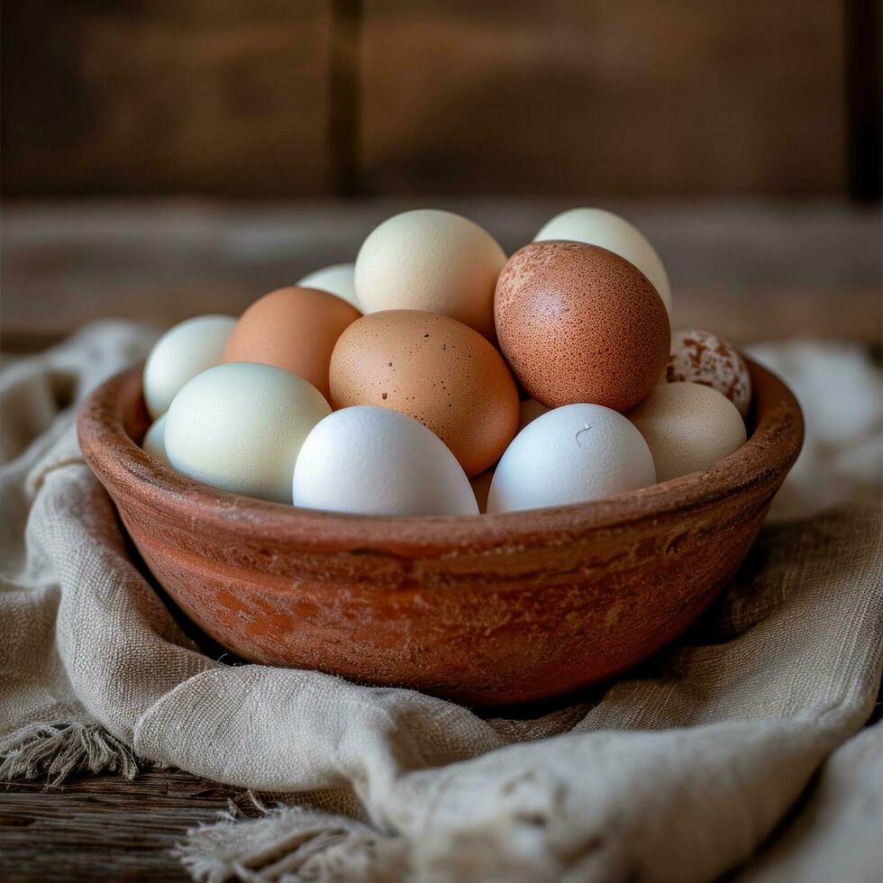 ai généré une bol plein de des œufs avec blanc et marron des œufs dans il photo