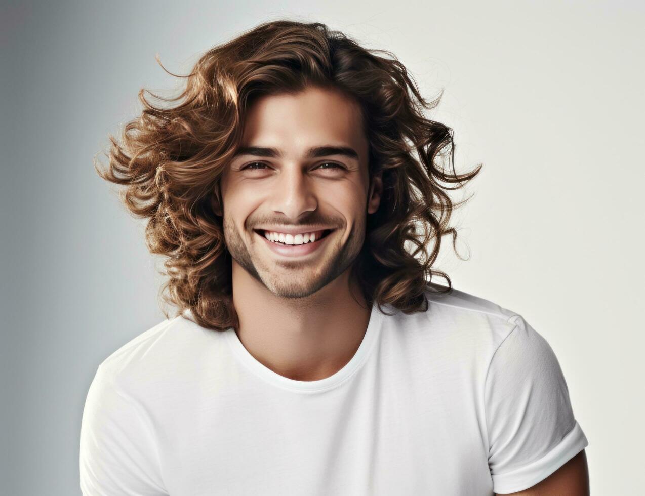 ai généré une homme avec longue frisé cheveux souriant tandis que souriant photo