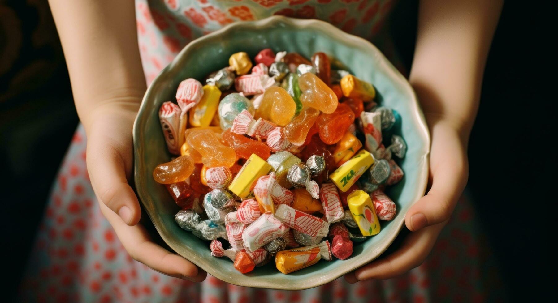 ai généré enfants mains en portant une grand bol de bonbons photo