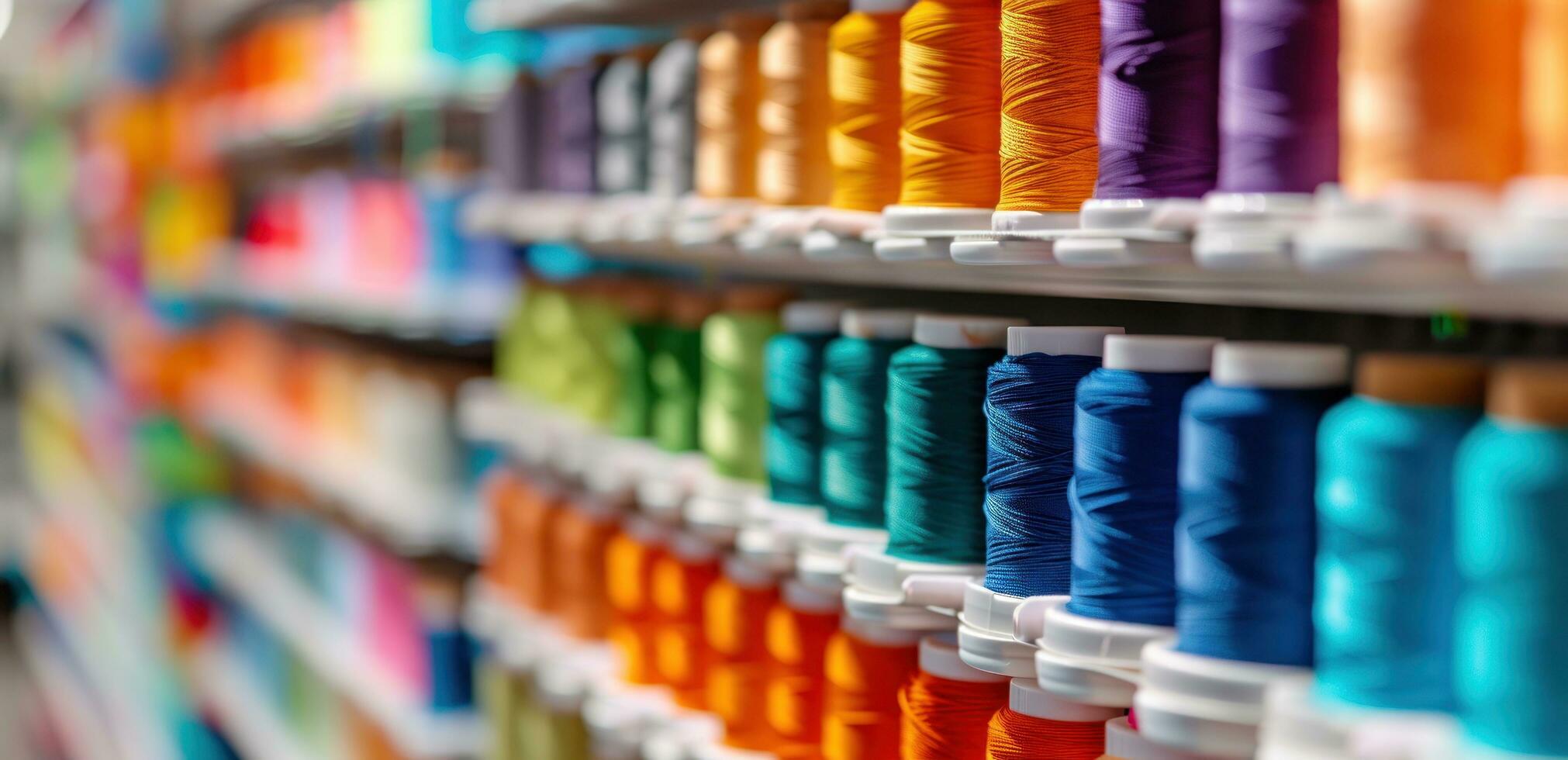 ai généré coloré fil est étant utilisé dans une couture la fourniture magasin. photo