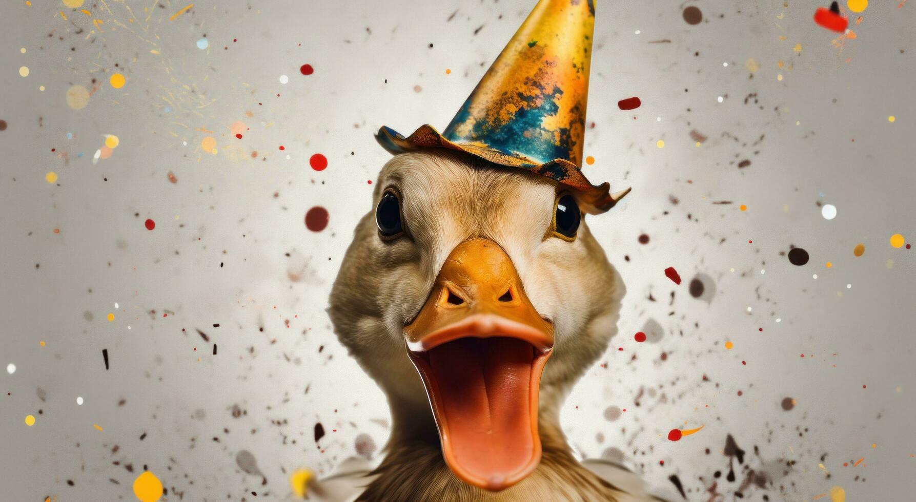 ai généré canard avec confettis dans le sien fête chapeau photo