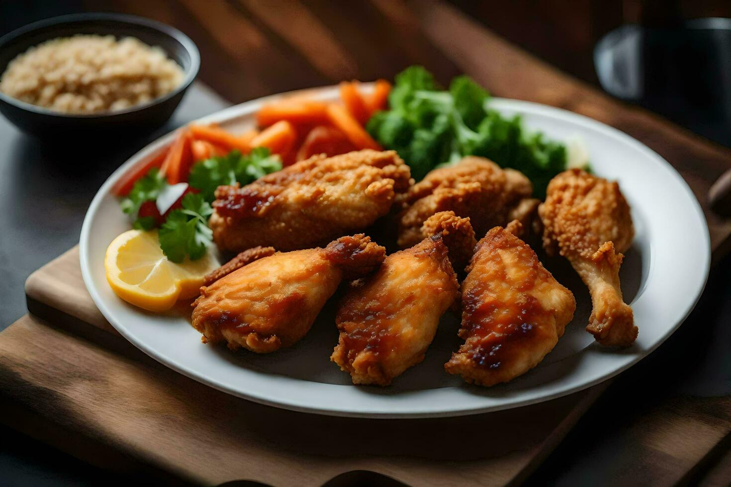 ai généré une assiette de frit poulet avec des légumes et riz photo