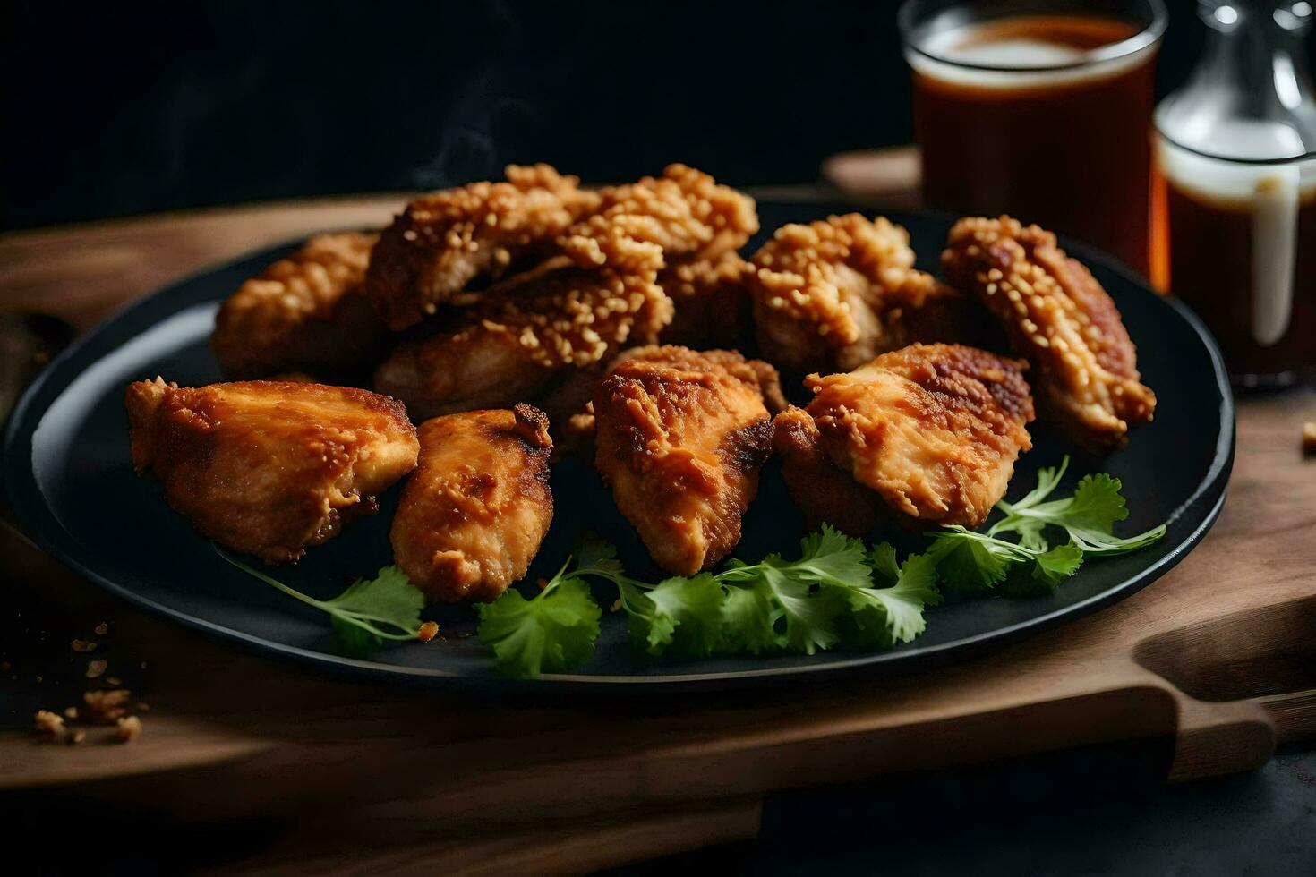 ai généré poulet ailes sur une assiette avec sauce et herbes photo