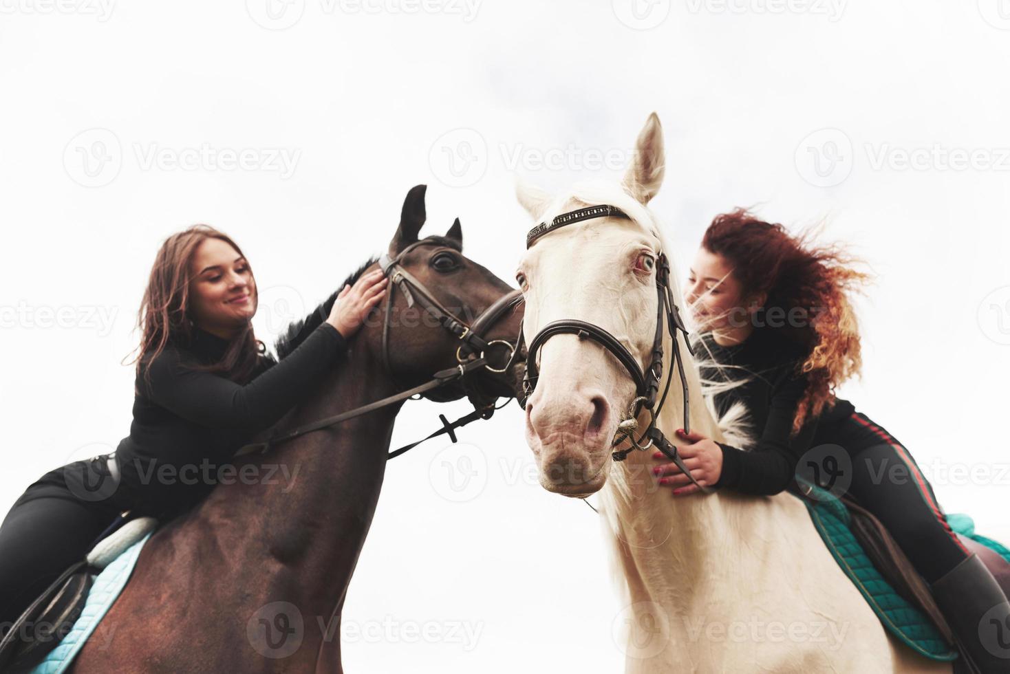 deux jeunes jolies filles à cheval sur un champ. ils adorent les animaux et l'équitation photo