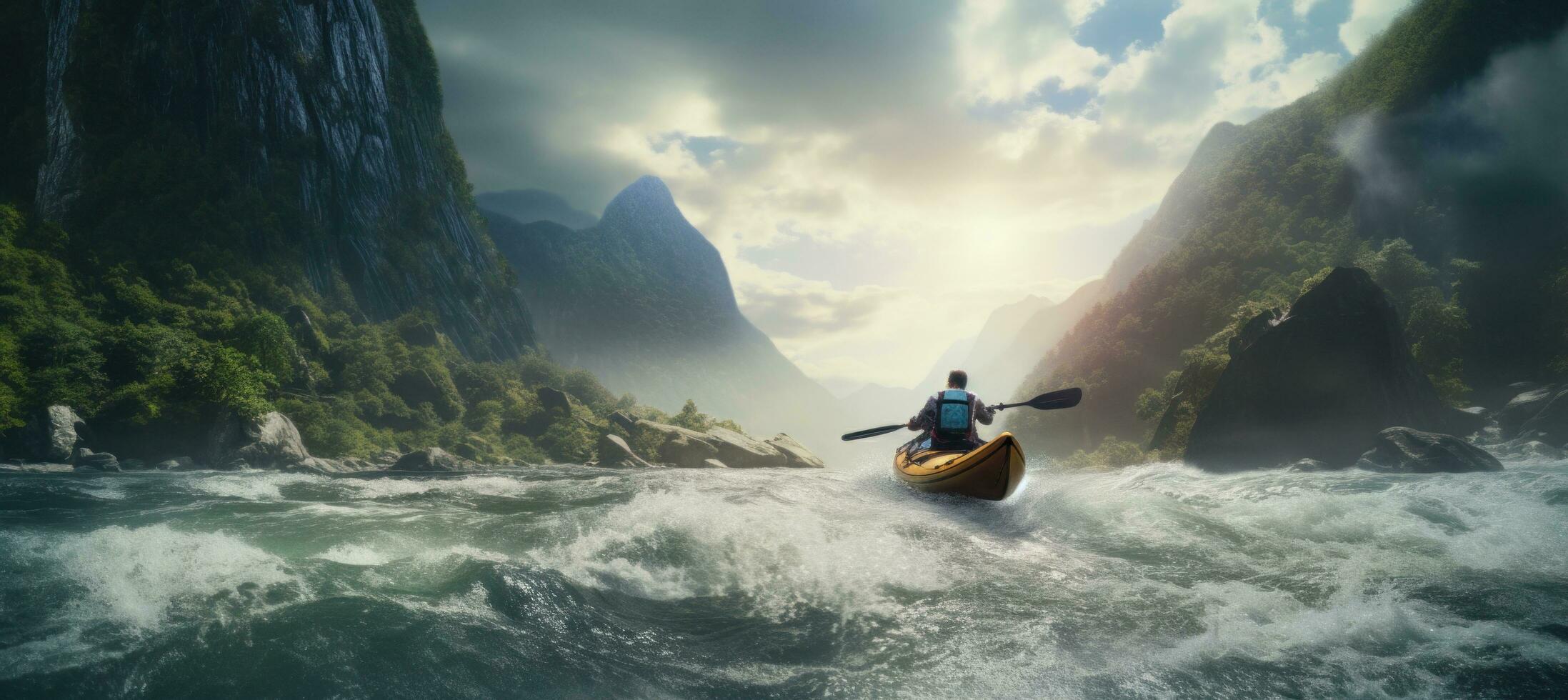 ai généré une homme kayak vers le bas une rivière avec haute cascade, montagnes et se précipiter rivière Contexte photo