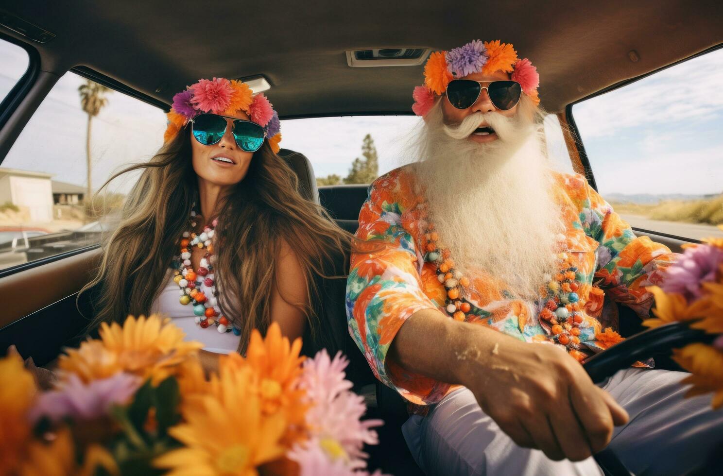 ai généré couple conduite voiture avec marrant longue barbes plus de des lunettes et hula houlas homme Sénior photo