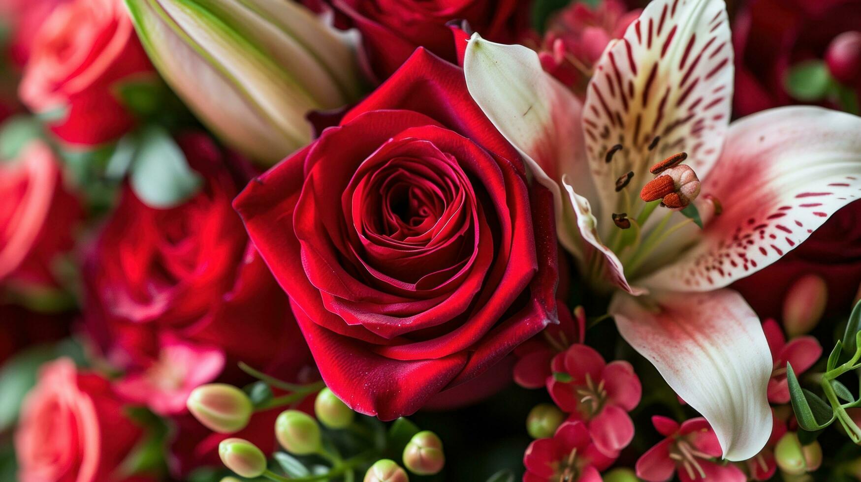 ai généré bouquets de rouge des roses, délicat fleurs de lys, et aromatique pétales photo