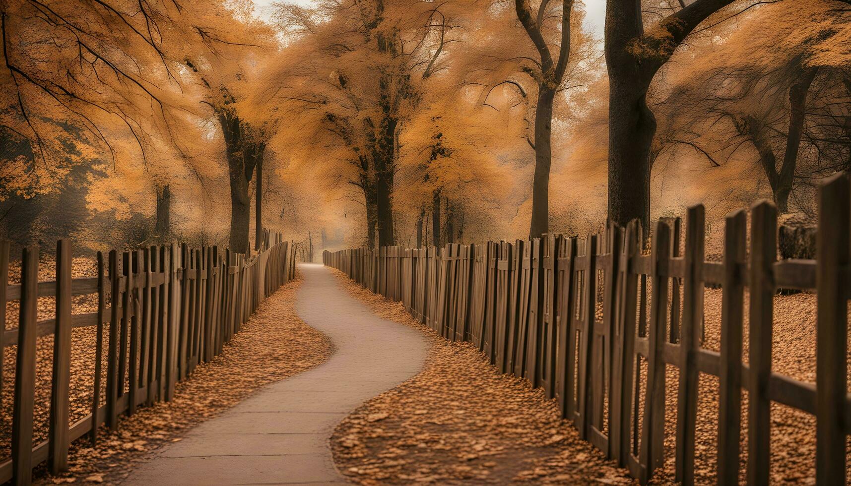 ai généré une chemin dans le tomber avec des arbres et feuilles photo