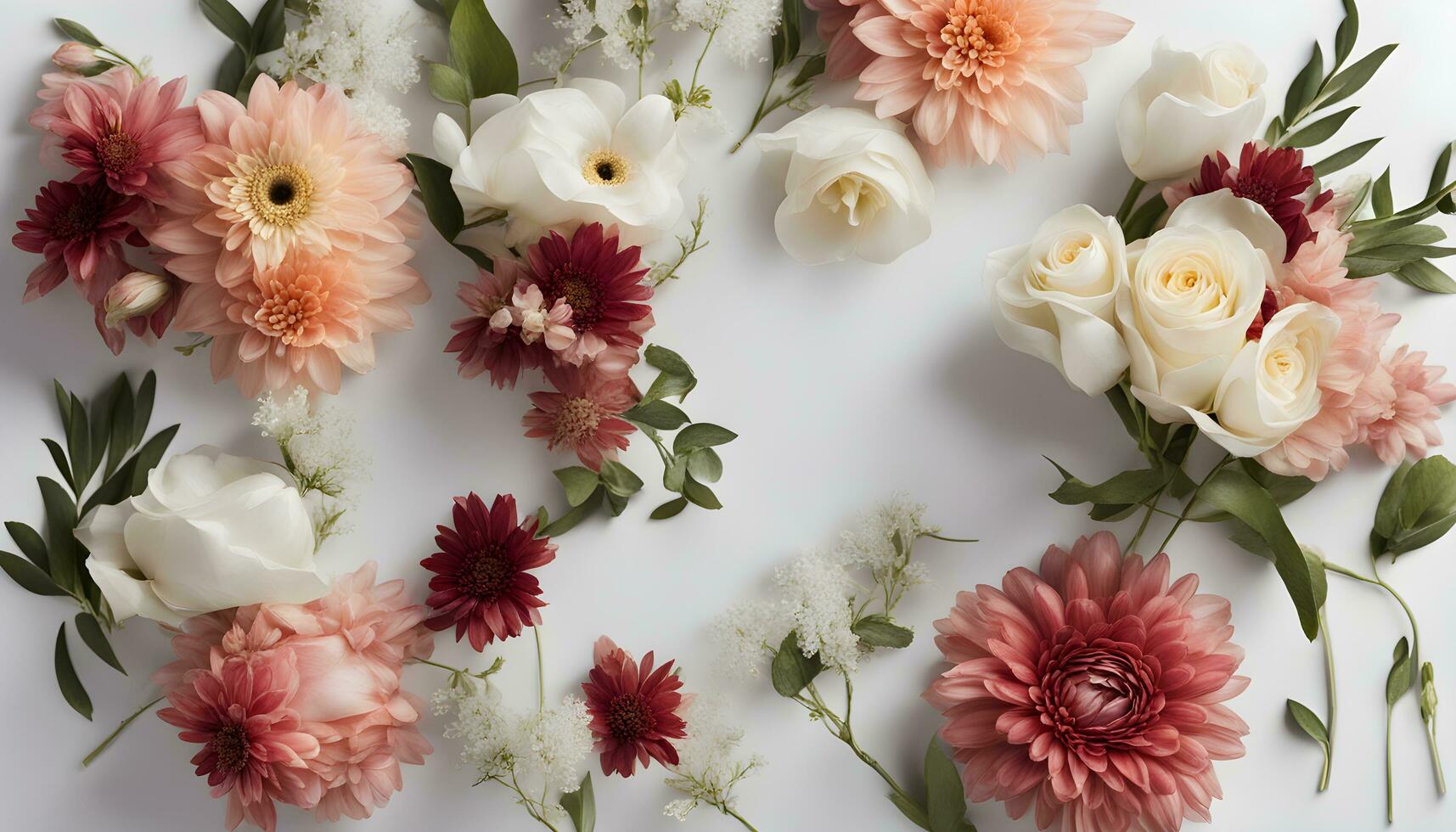 ai généré une groupe de fleurs arrangé dans une cercle sur une blanc surface photo