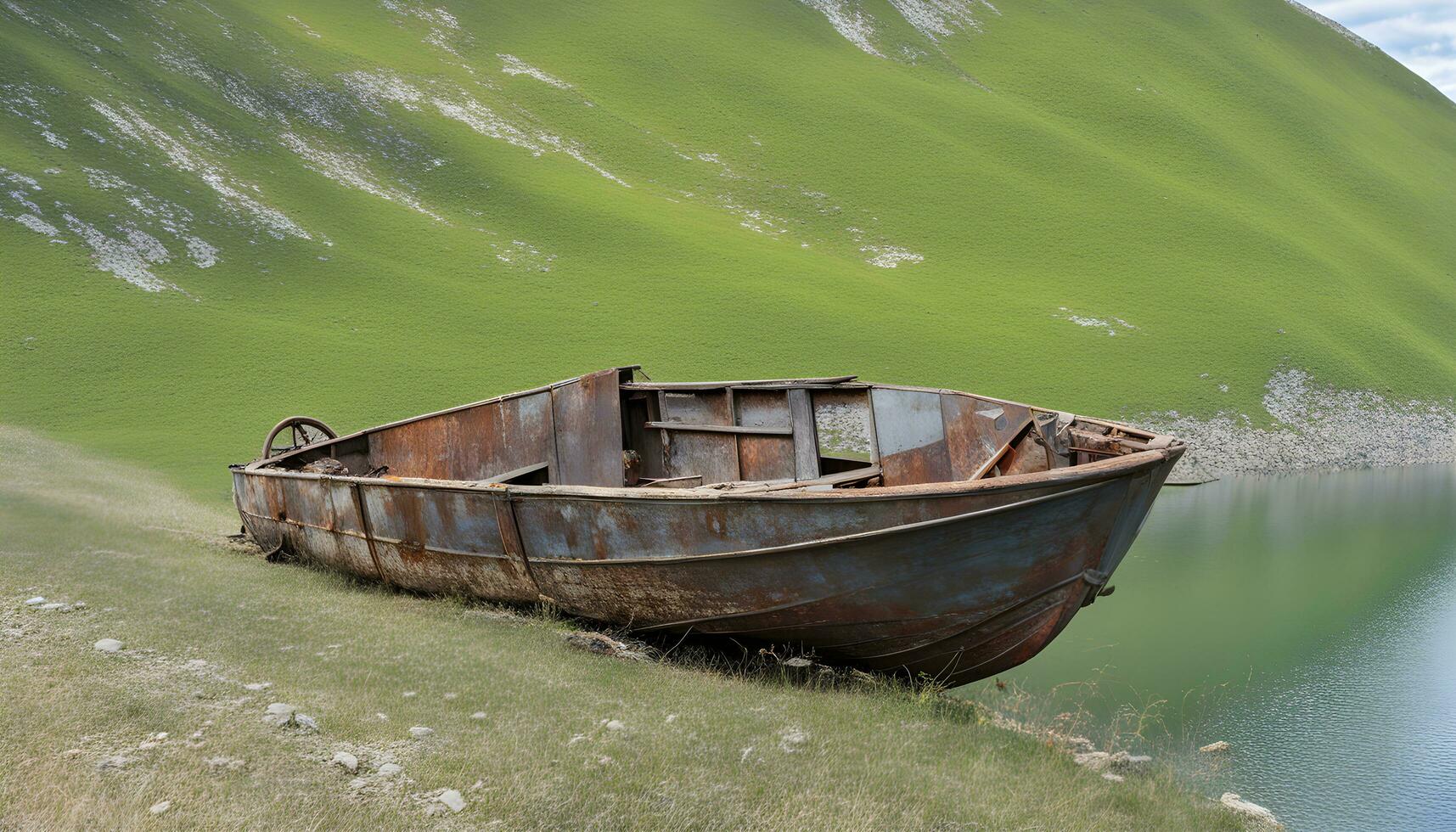 ai généré un vieux rouillé bateau est séance sur le côté de une colline photo
