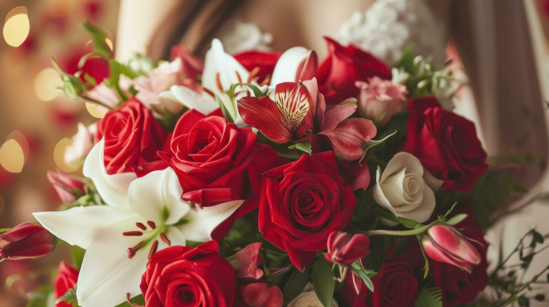 ai généré bouquets de rouge des roses, délicat fleurs de lys, et aromatique pétales photo