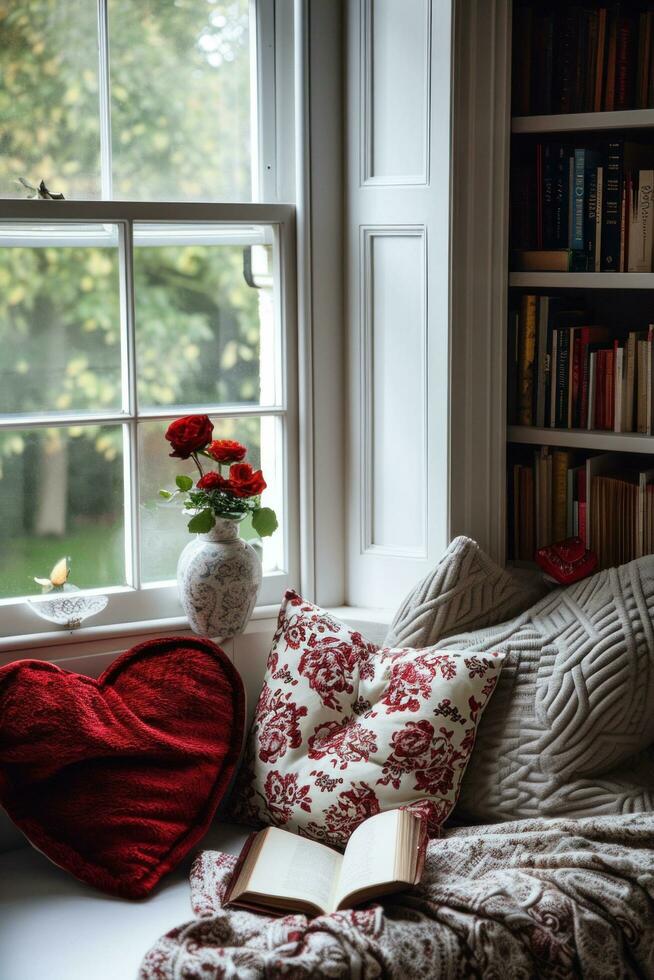 ai généré peluche jette, en forme de coeur coussins, et sur le thème de l'amour livres photo