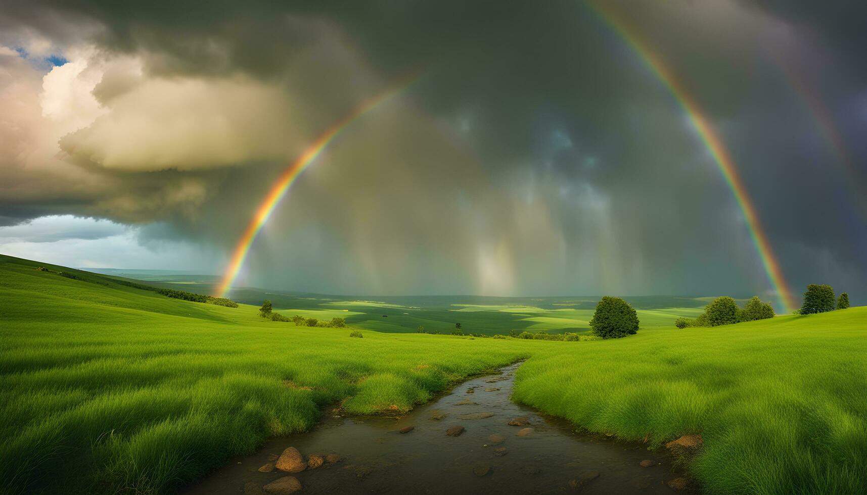 ai généré arc en ciel plus de le vert herbeux collines photo