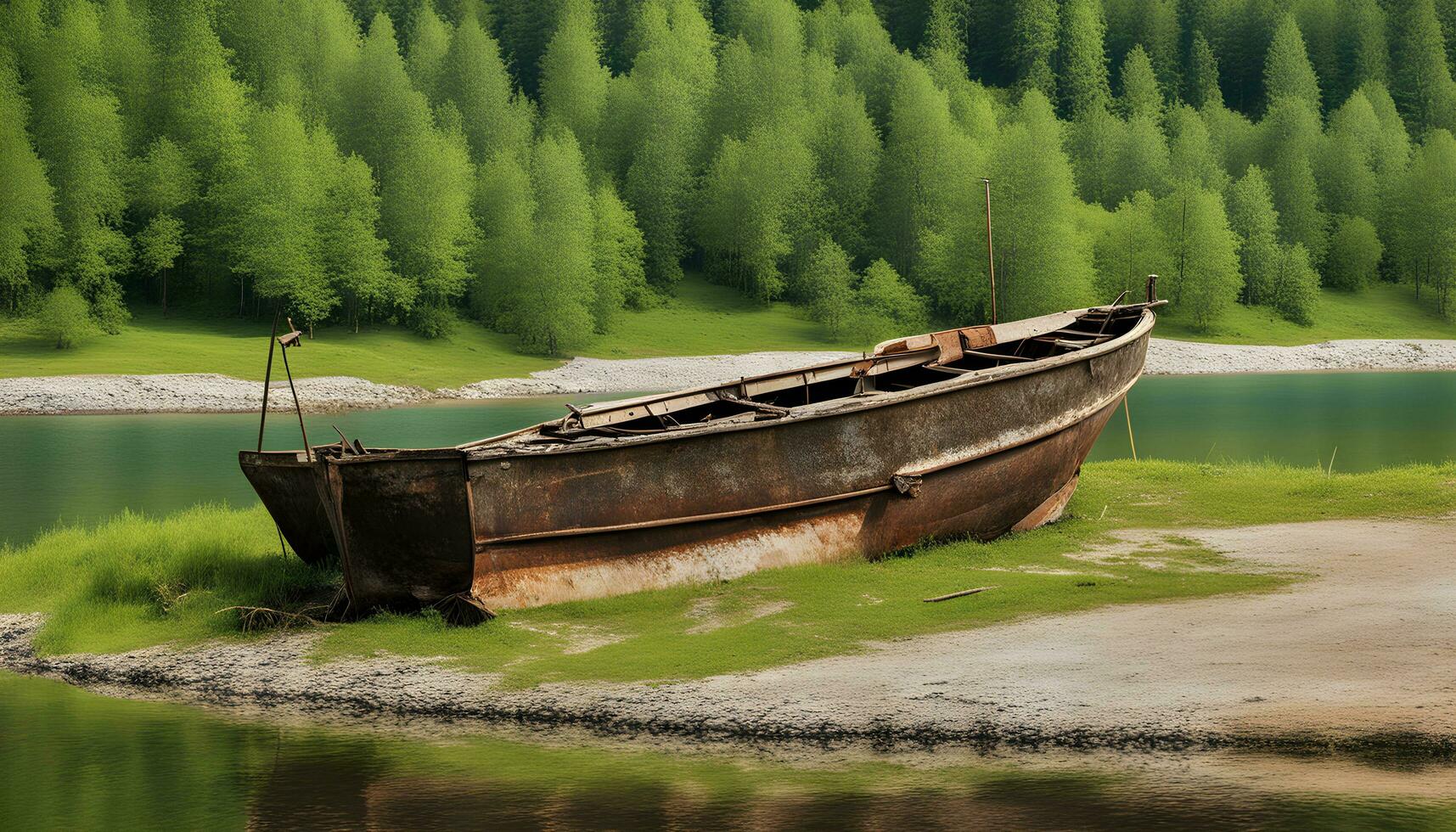 ai généré une bateau est séance sur le rive de une Lac photo