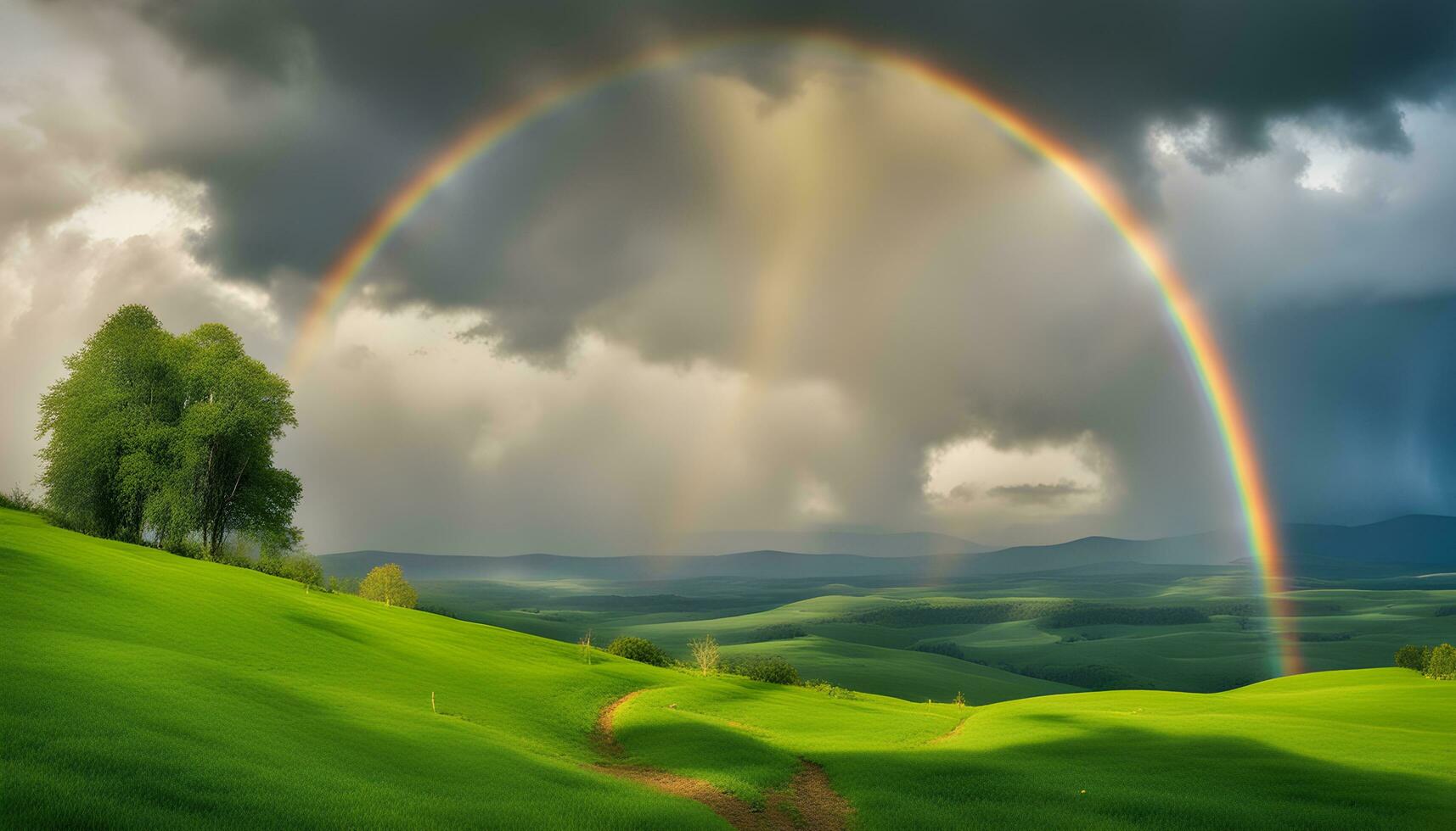 ai généré arc en ciel plus de vert collines et des arbres photo