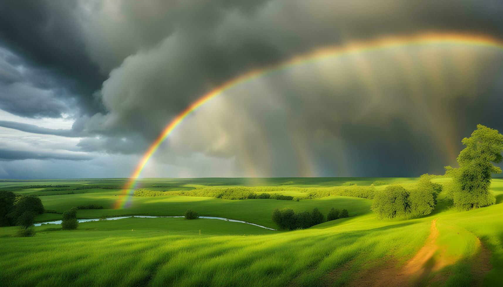 ai généré arc en ciel plus de vert champ avec des arbres et herbe photo