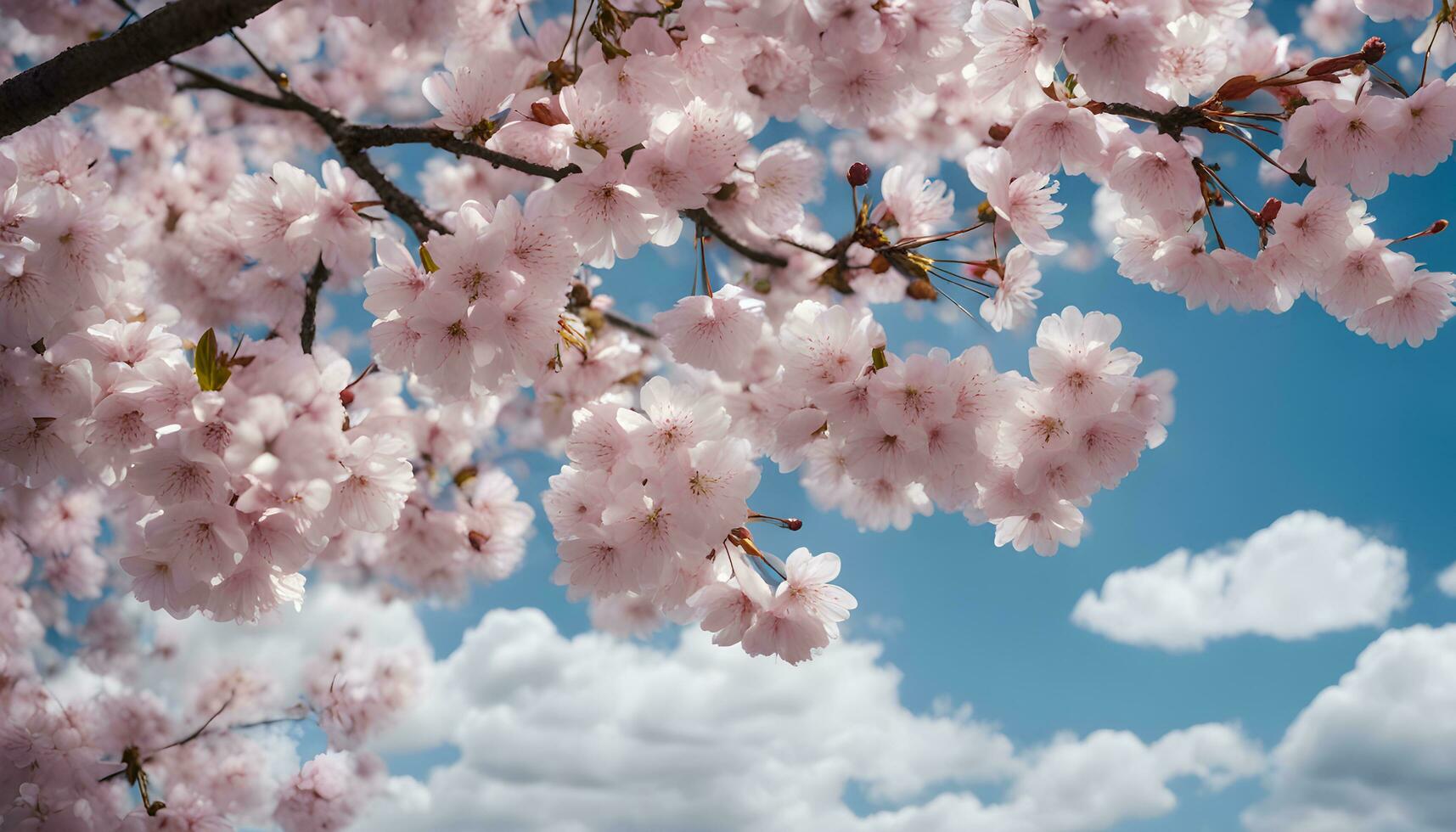 ai généré Cerise fleurs sur une arbre dans de face de une bleu ciel photo