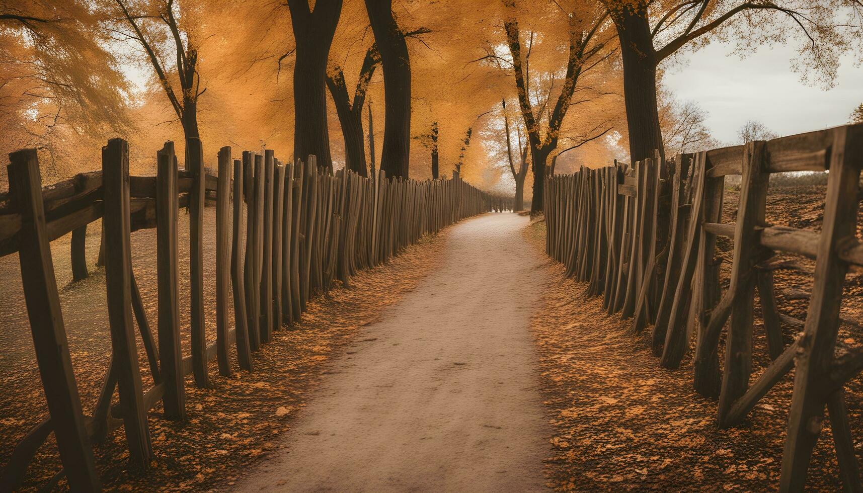 ai généré une chemin dans le les bois avec des arbres et une clôture photo