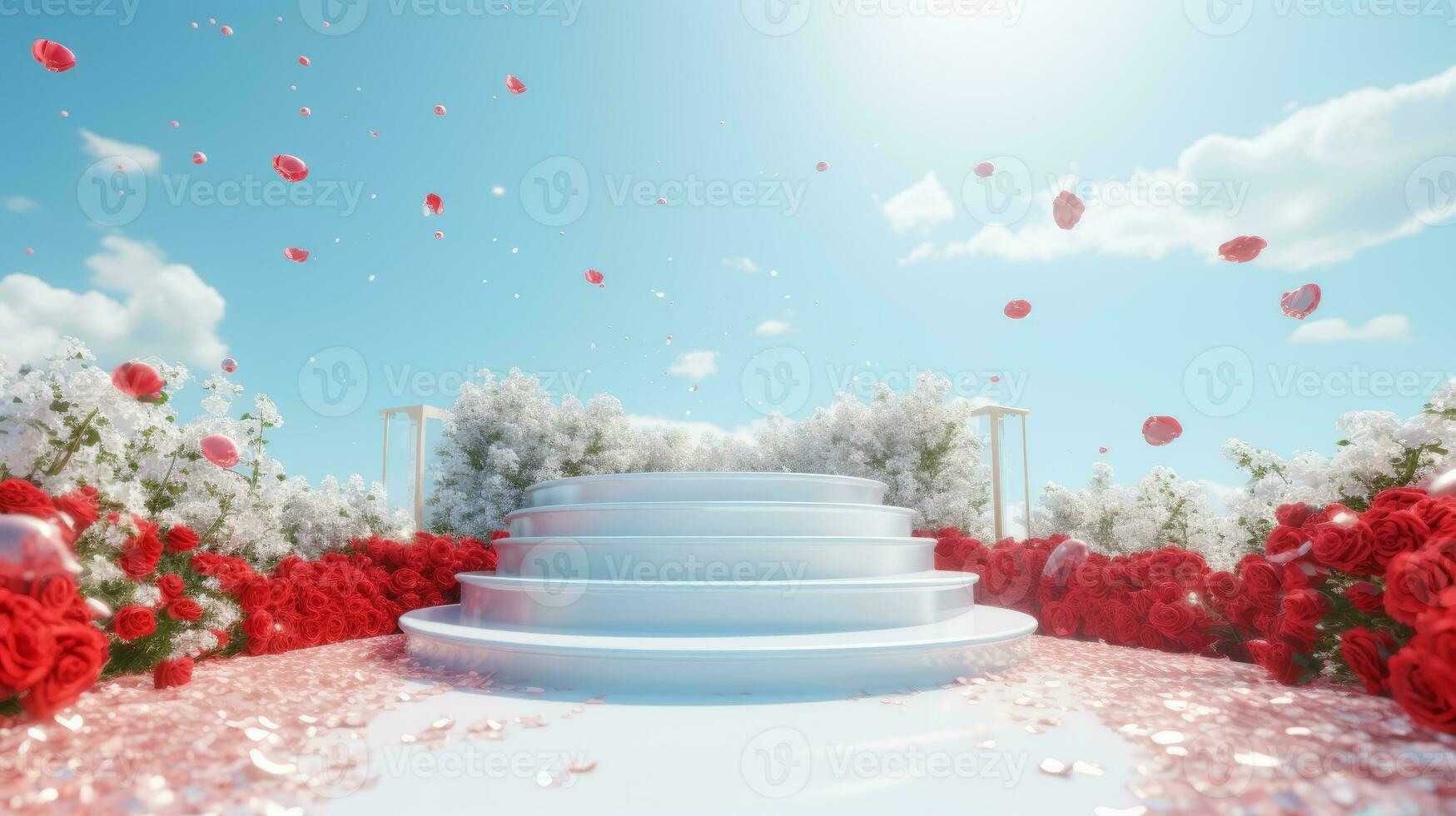 ai généré vide blanc rond podium sur rouge pente des roses jardin et été bleu ciel Contexte pour cosmétique produit présentation, la Saint-Valentin journée concept photo