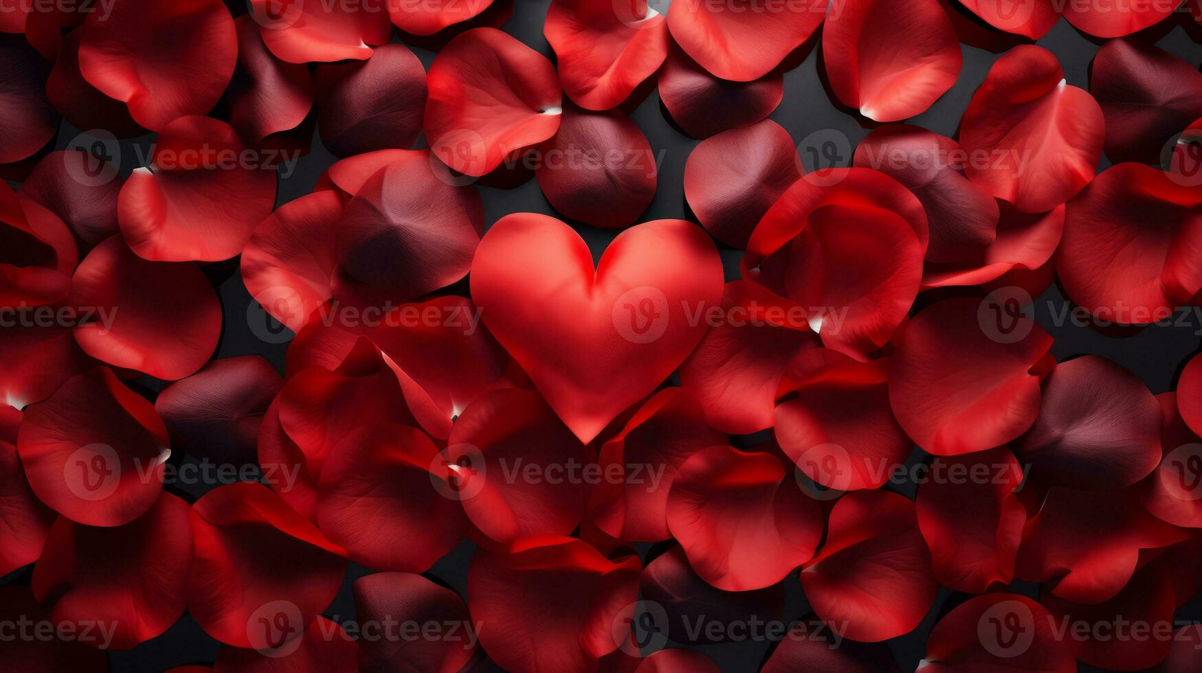 ai généré abstrait rouge Rose pétales dans cœur forme arrière-plan, la Saint-Valentin fond d'écran concept, Haut vue photo