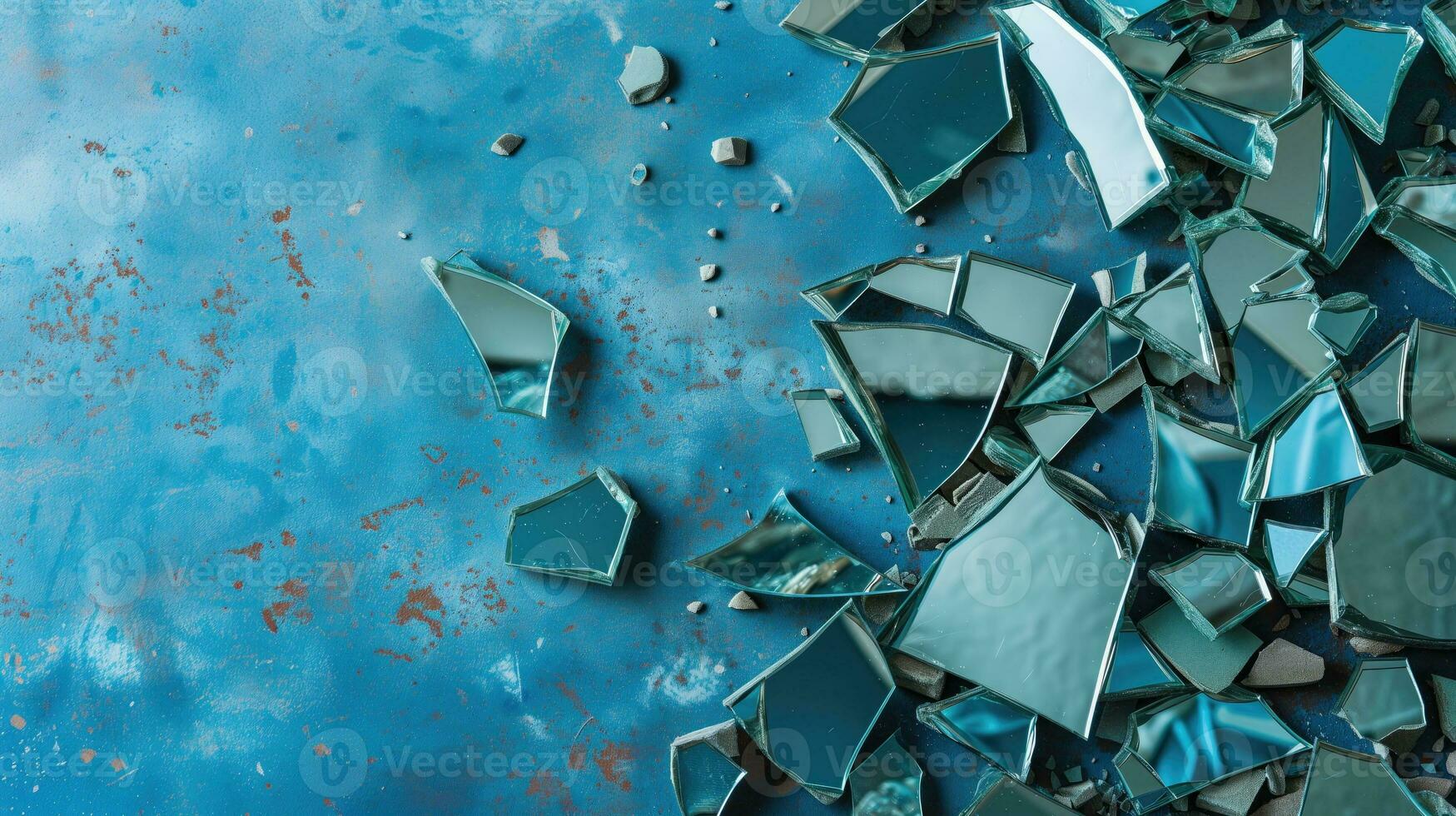 ai généré cassé fragments de verre épars sur une bleu Contexte photo