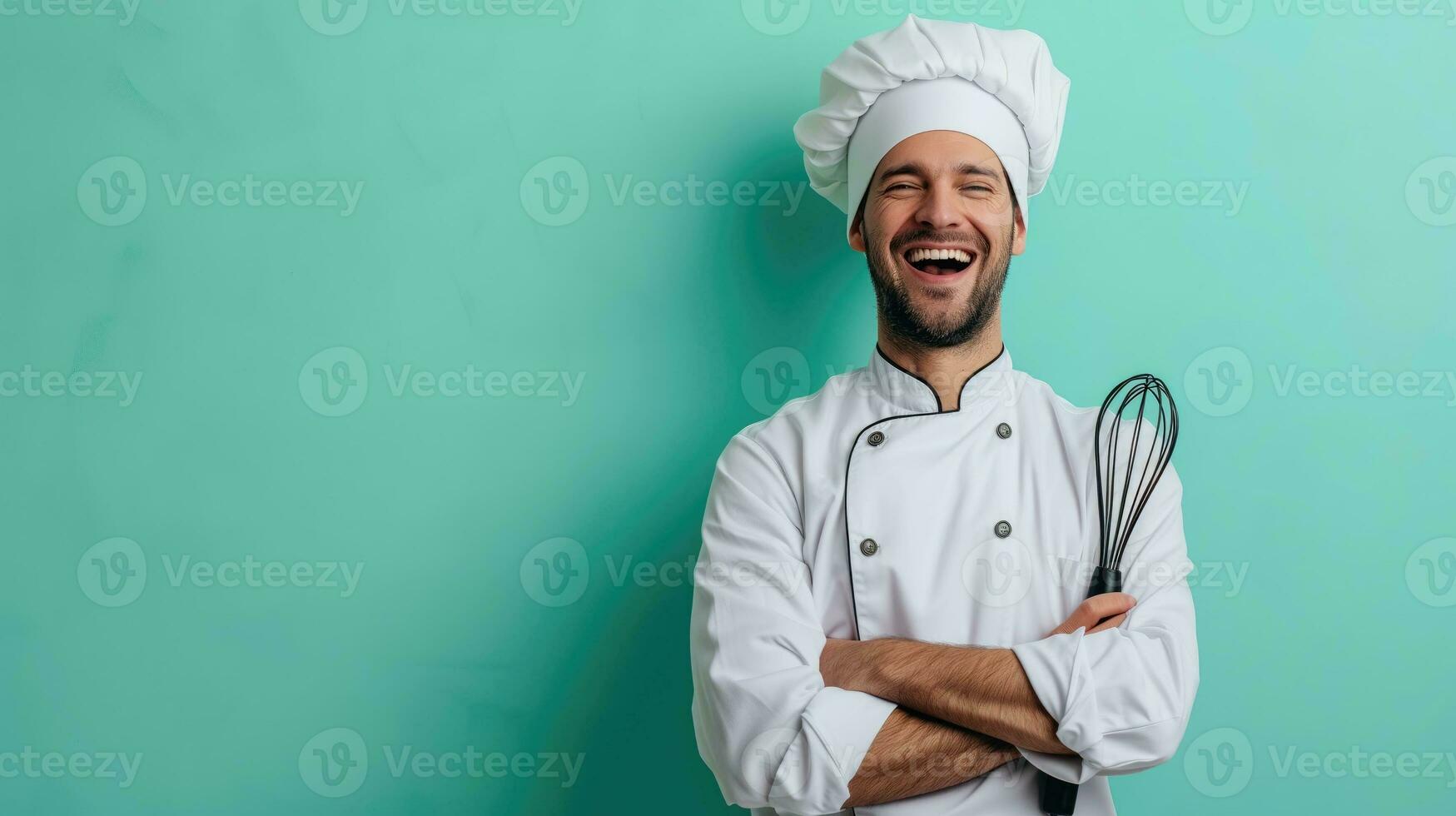 ai généré une joyeux chef avec une fouet, Contexte avec copie espace photo