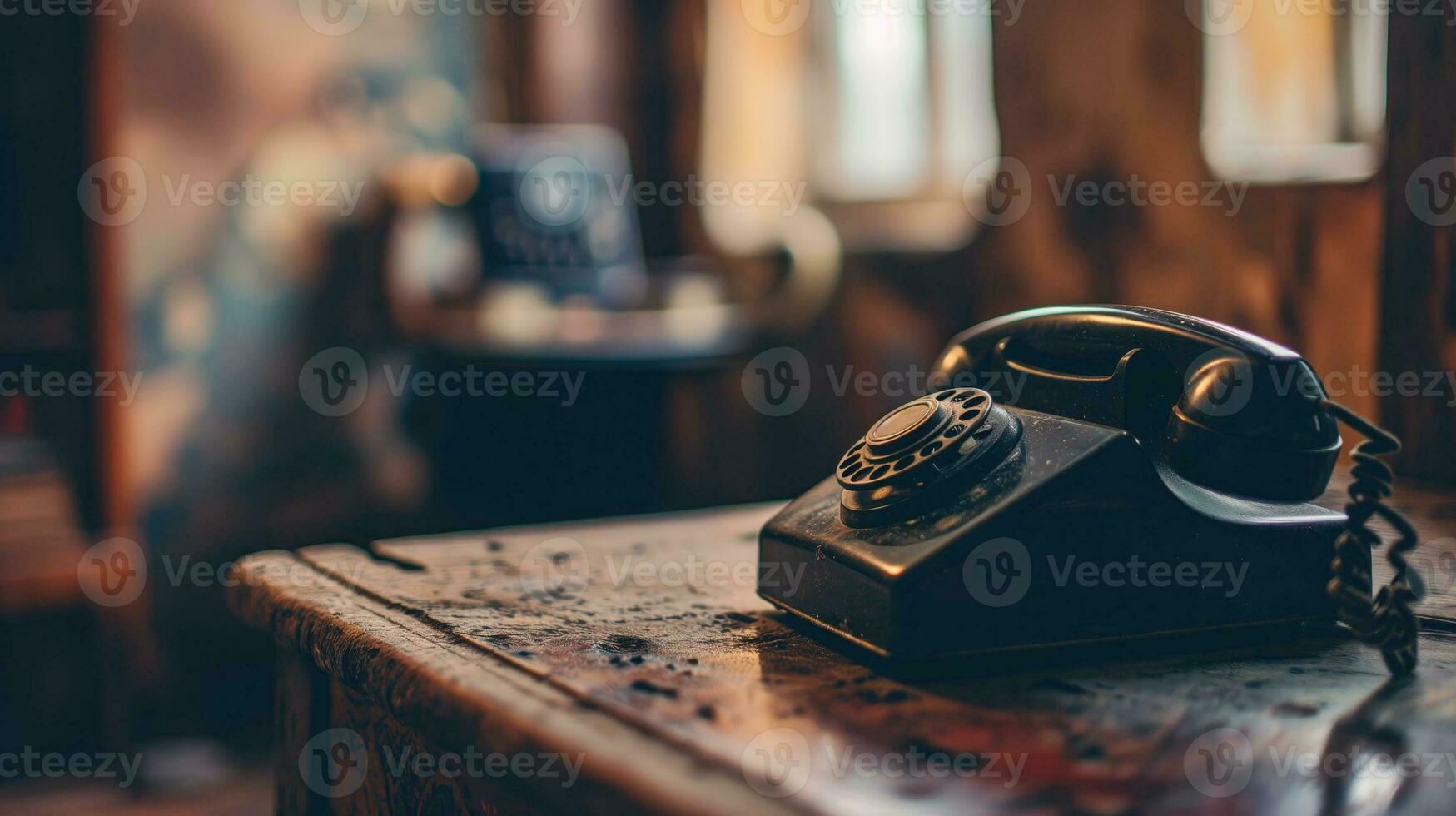 ai généré ancien rotatif Téléphone sur une poussiéreux en bois table photo