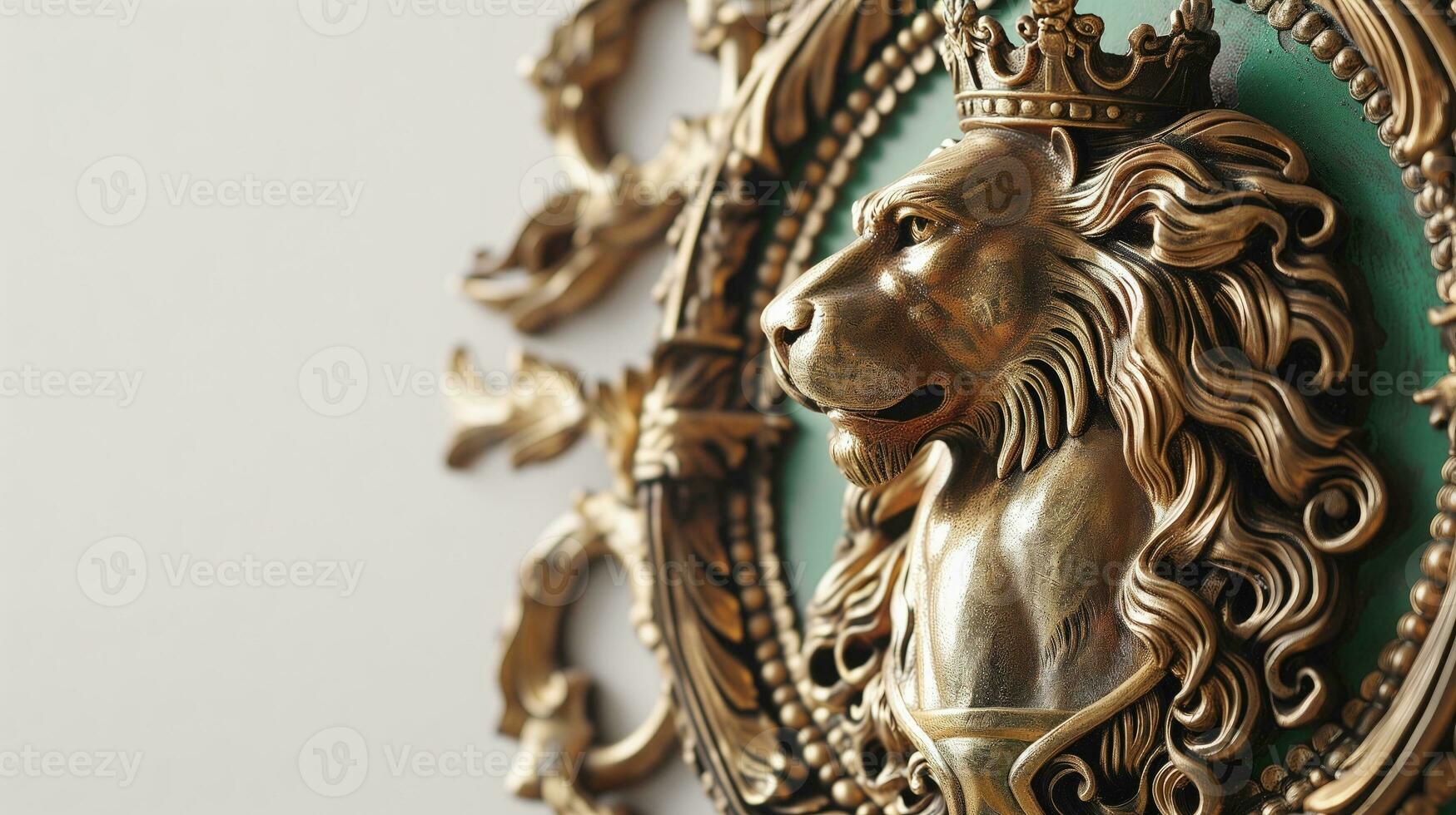 ai généré d'or Lion sculpture avec baroque embellissements sur une blanc Contexte photo