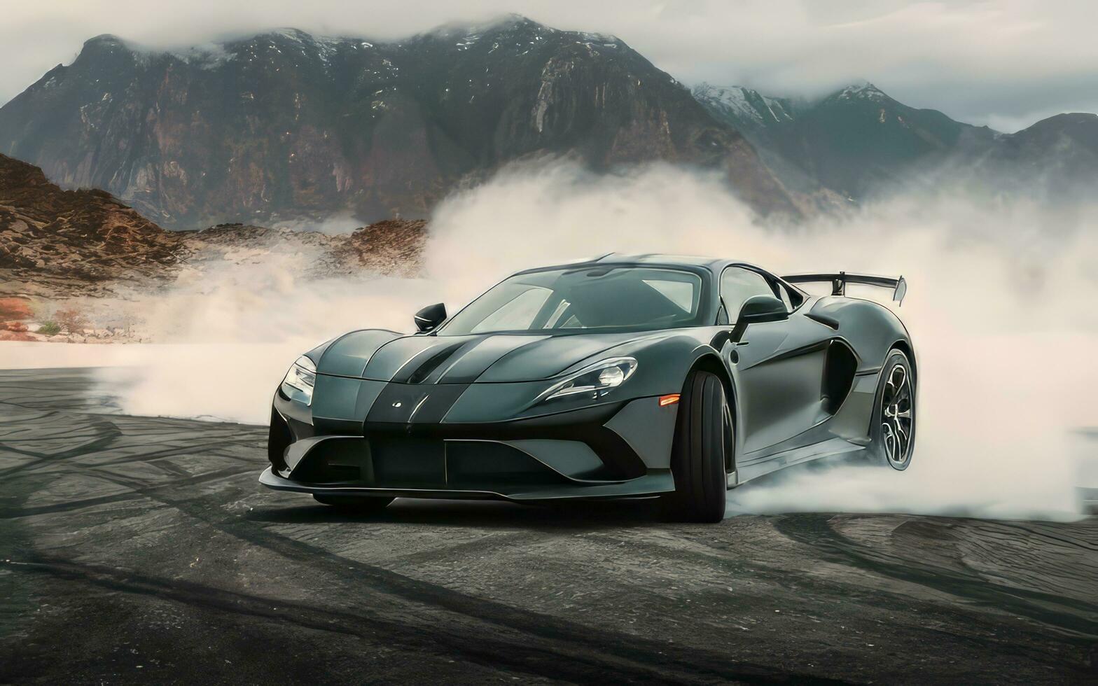 ai généré une mat noir supercar émerge de une tourbillonnant brouillard banque, ses lisse silhouette décrit contre une spectaculaire Montagne toile de fond. photo