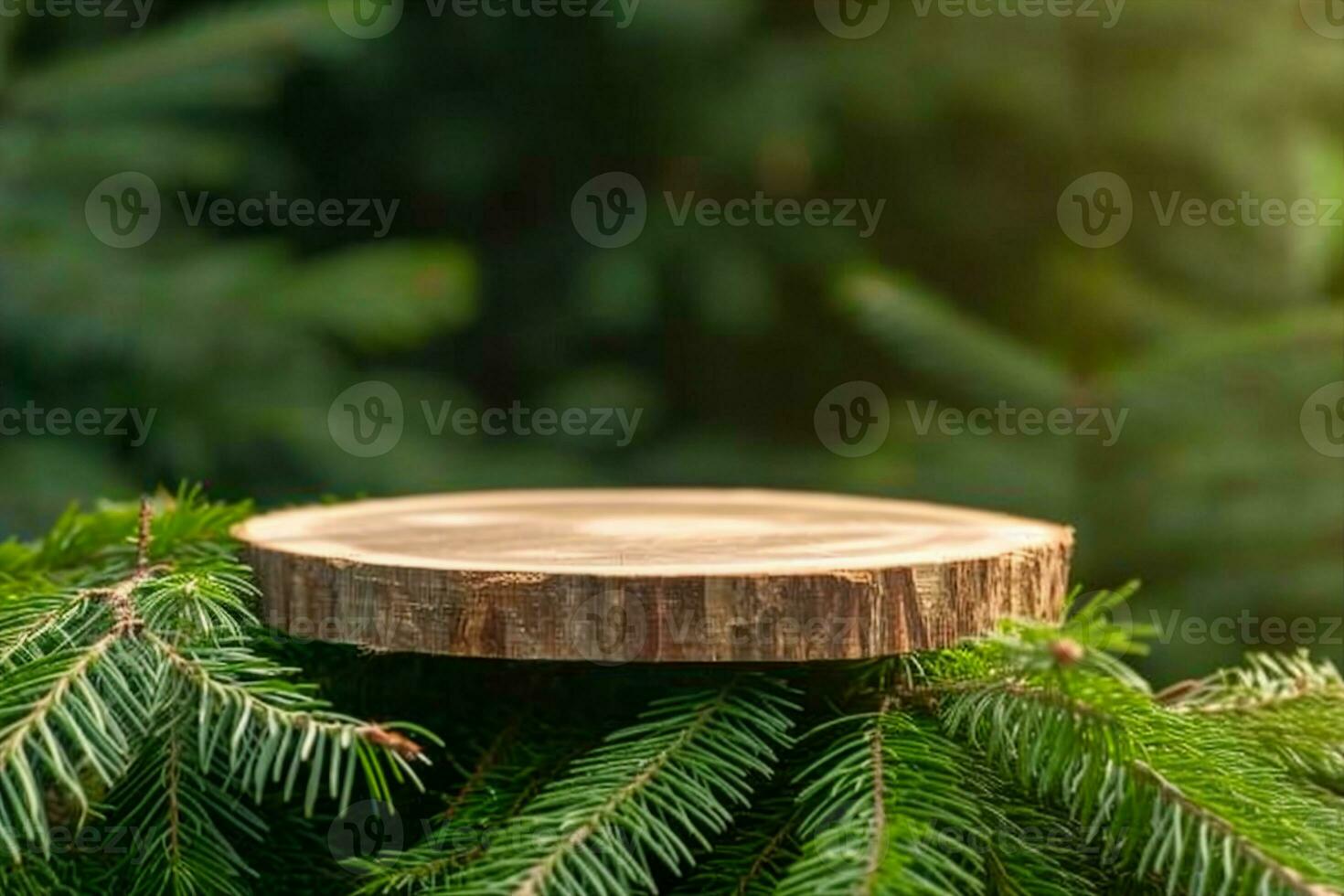 ai généré une rond sculpté dalle de bois mensonges sur le branches de épicéa, pin, une supporter pour un objet, une podium pour produits de beauté. magnifique bokeh de juteux verdure. photo